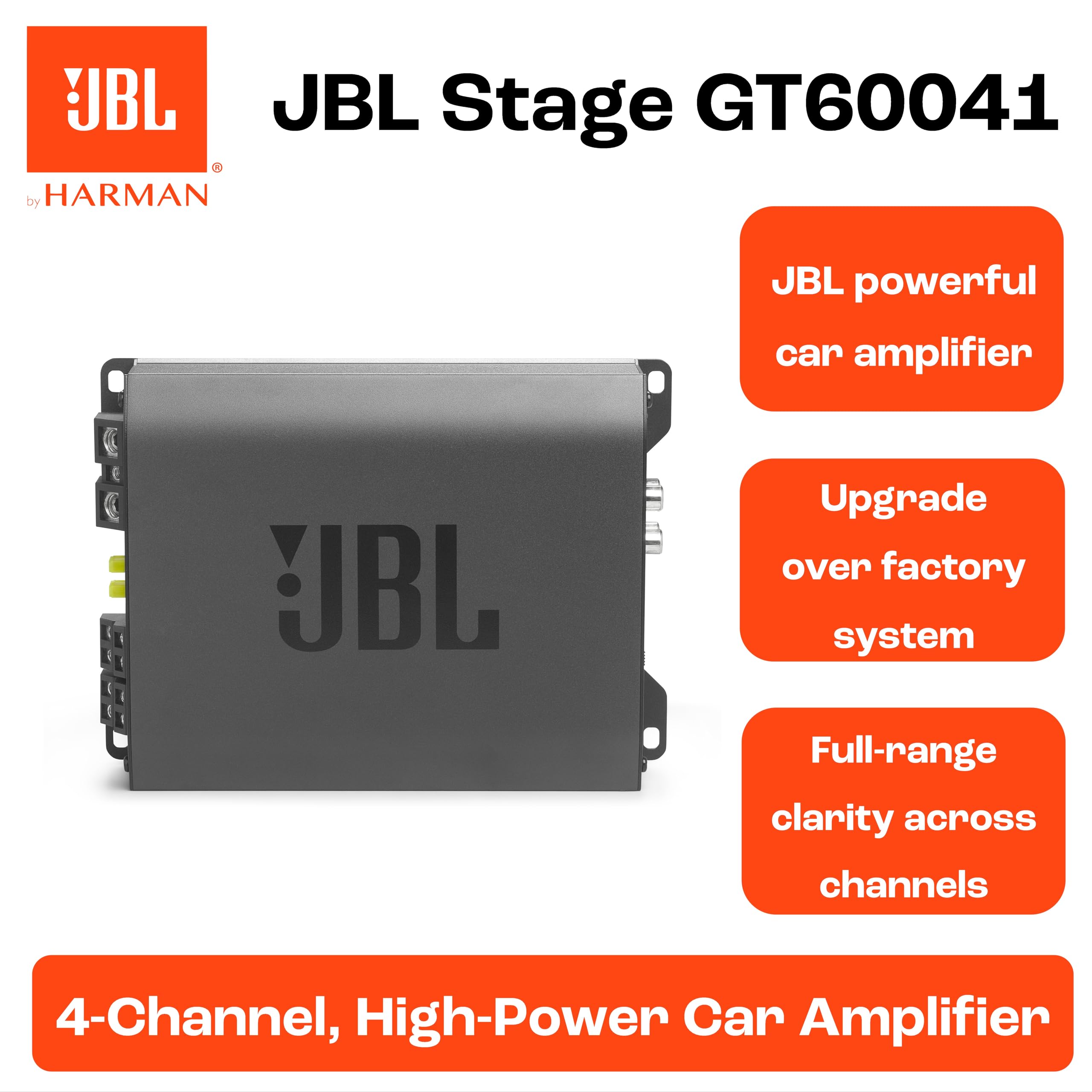 JBL Stage GT 60041 amplificador 4 canales Class-AB, 4x60 W RMS a 4 ohm, 4x80 W a 2 ohm, 2x160 W puenteado, full-range coche, filtros paso alto/bajo, rango 20 Hz–20 kHz