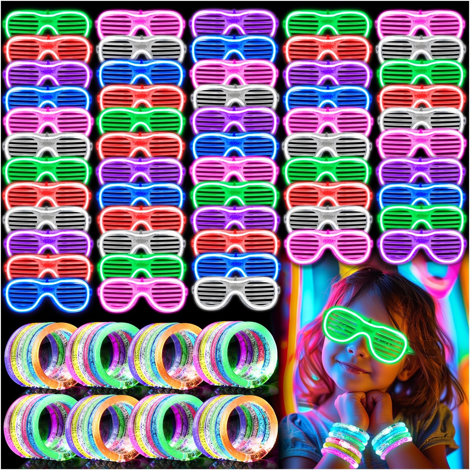 100 Pack Light up Glasses & LED Bracelets with 6 Colors & 3 Flashing Mode, Neon Bulk Gift for Kids and Adults Glow in the Dark Party favors, Halloween