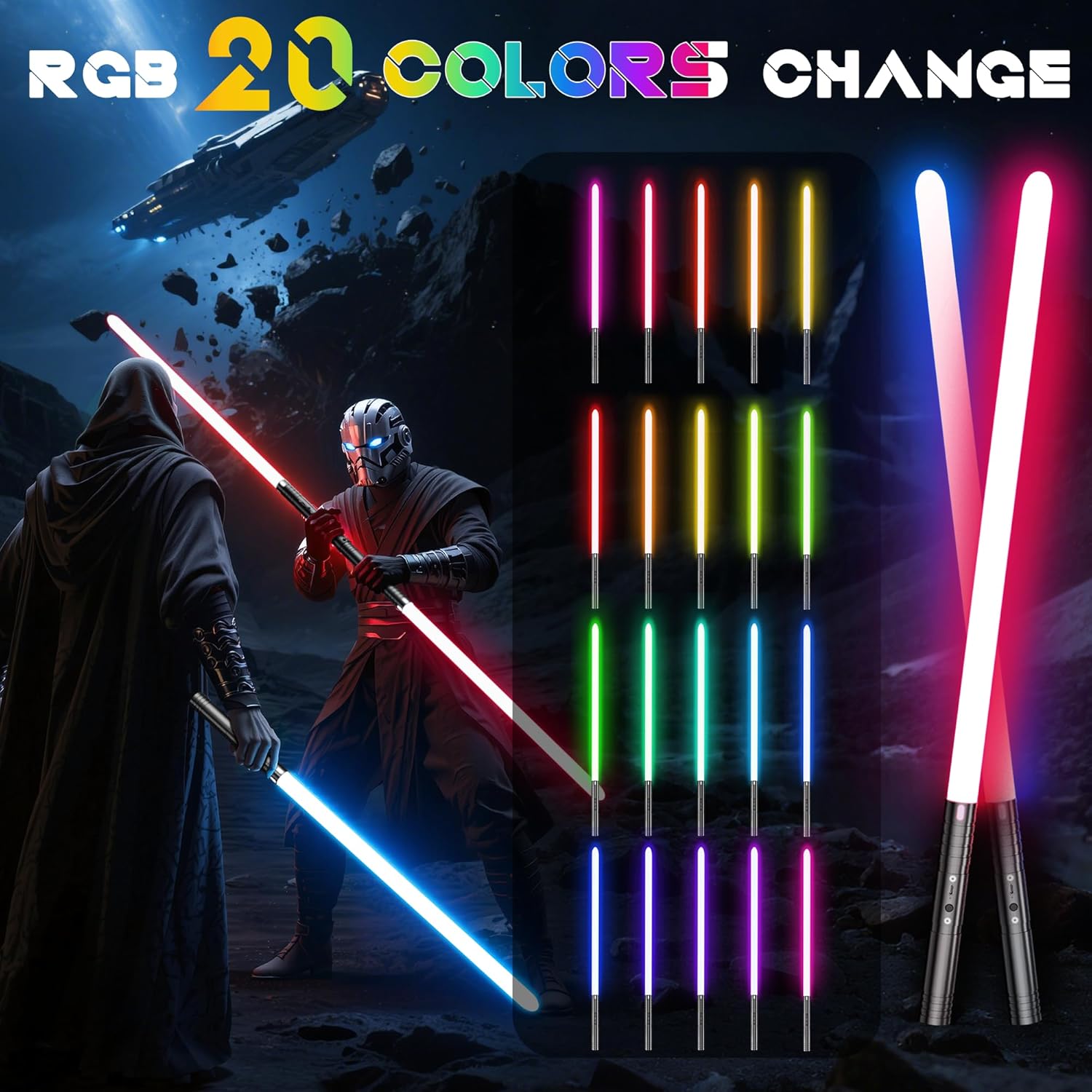 2-in-1 Lightsaber, Dueling Double Light Saber with Metal Hilt Type-C Rechargeable, 20 Colors 4 Modes Sounds Light Sabers, Christmas Halloween Birthday Gift for Kids Adults, 29.1in, 2PC