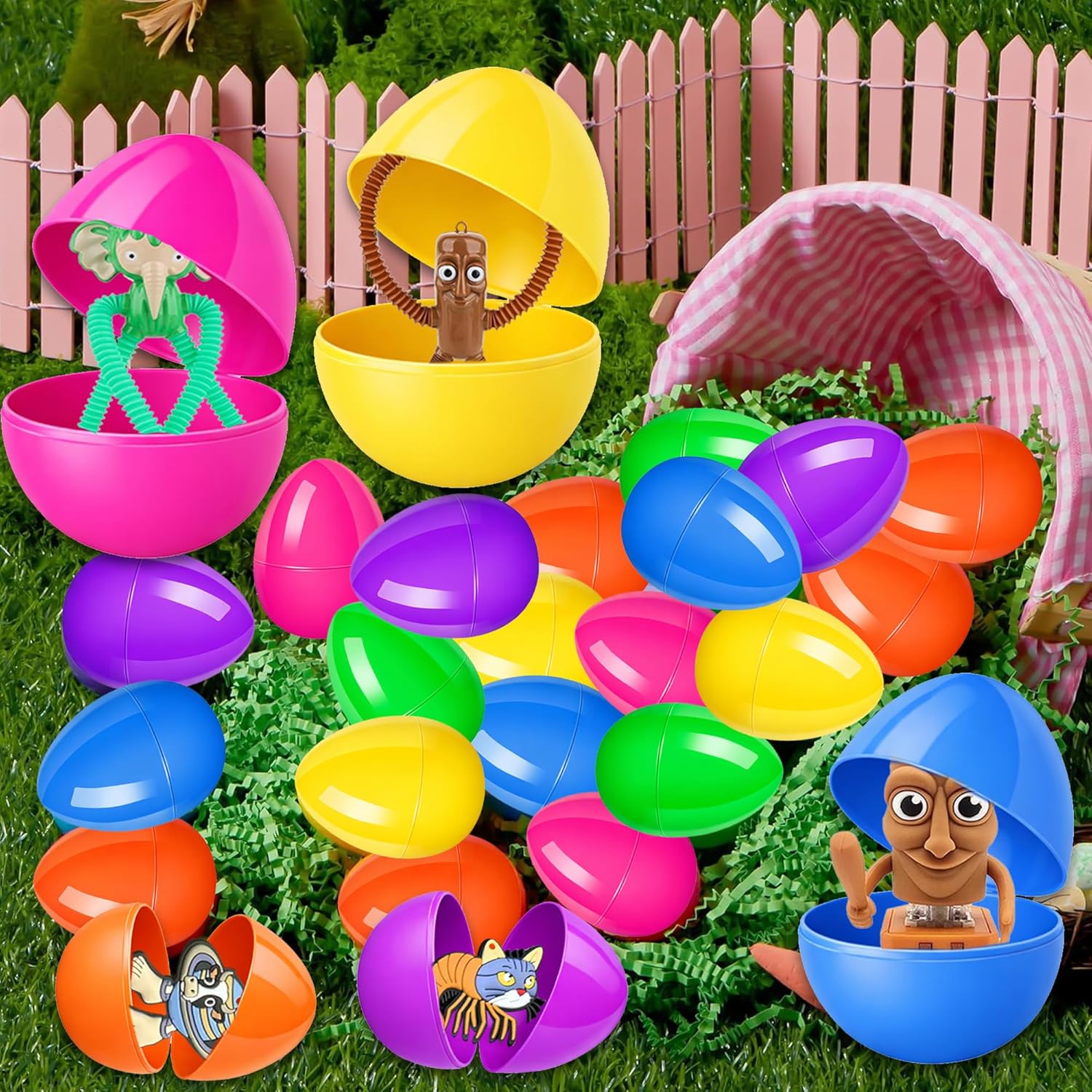 36PCS Filled Easter Eggs Set, Prefilled Plastic Eggs with Mini Character Figures, Large Medium Small Mix, Party Supplies, Basket Stuffers, Event Favors, Seasonal Gifts