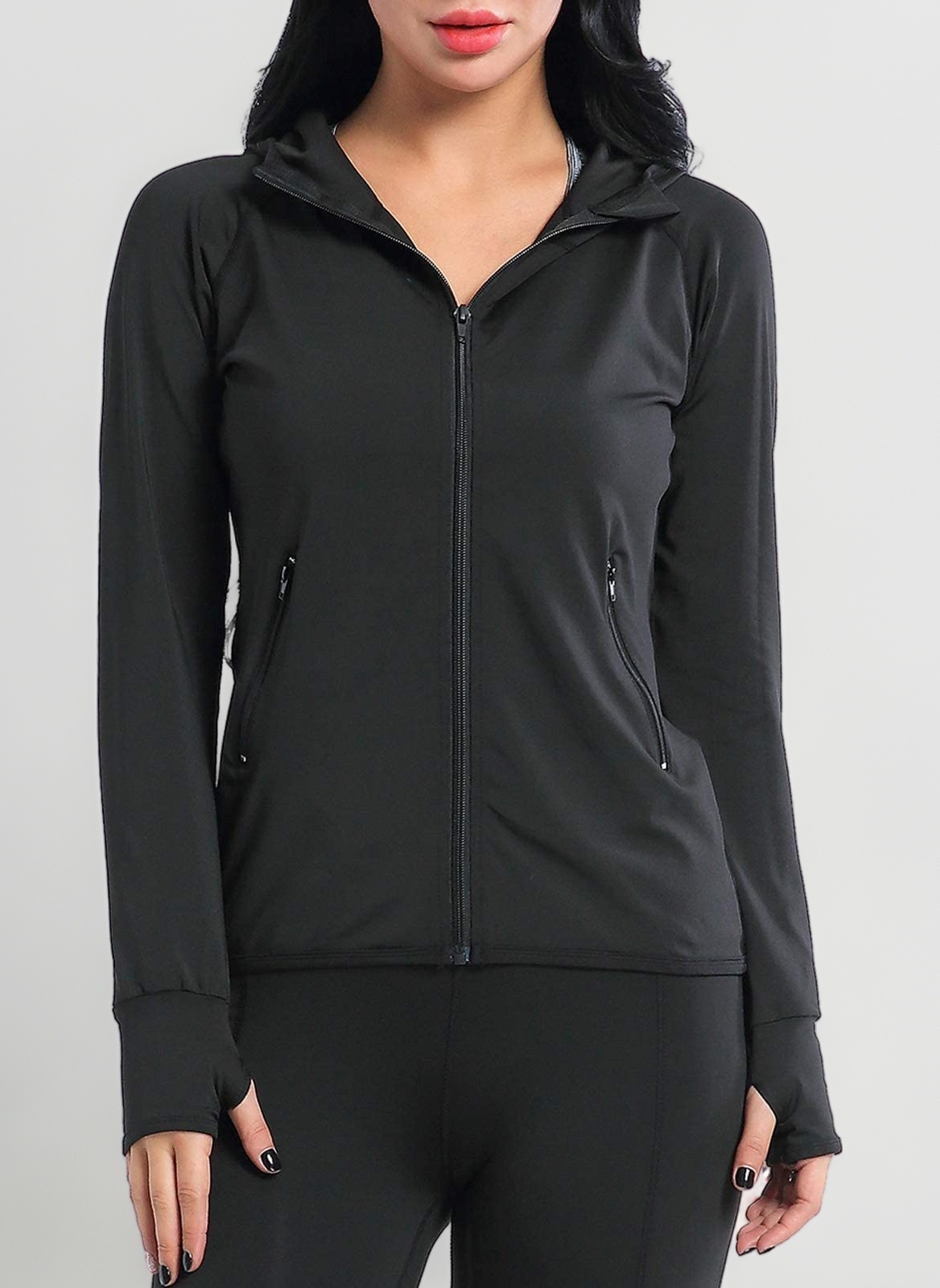 Women's Running Jacket Long Sleeve Gym Sports Hoodie with Zip Side Pocket
