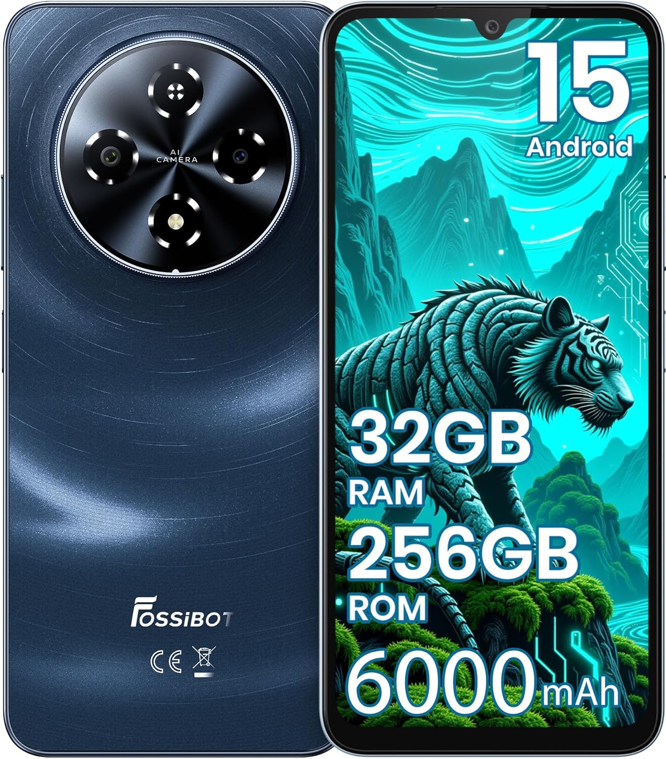 FOSSIBOT S5 Pro Android 15 Cellphone, 32GB+256GB/2TB Phone, 6.88″ HD Smartphone, 6000mAh Battery Smartphones,50MP+8MP Phones,Gemini Al Cell Phone 2026 Black