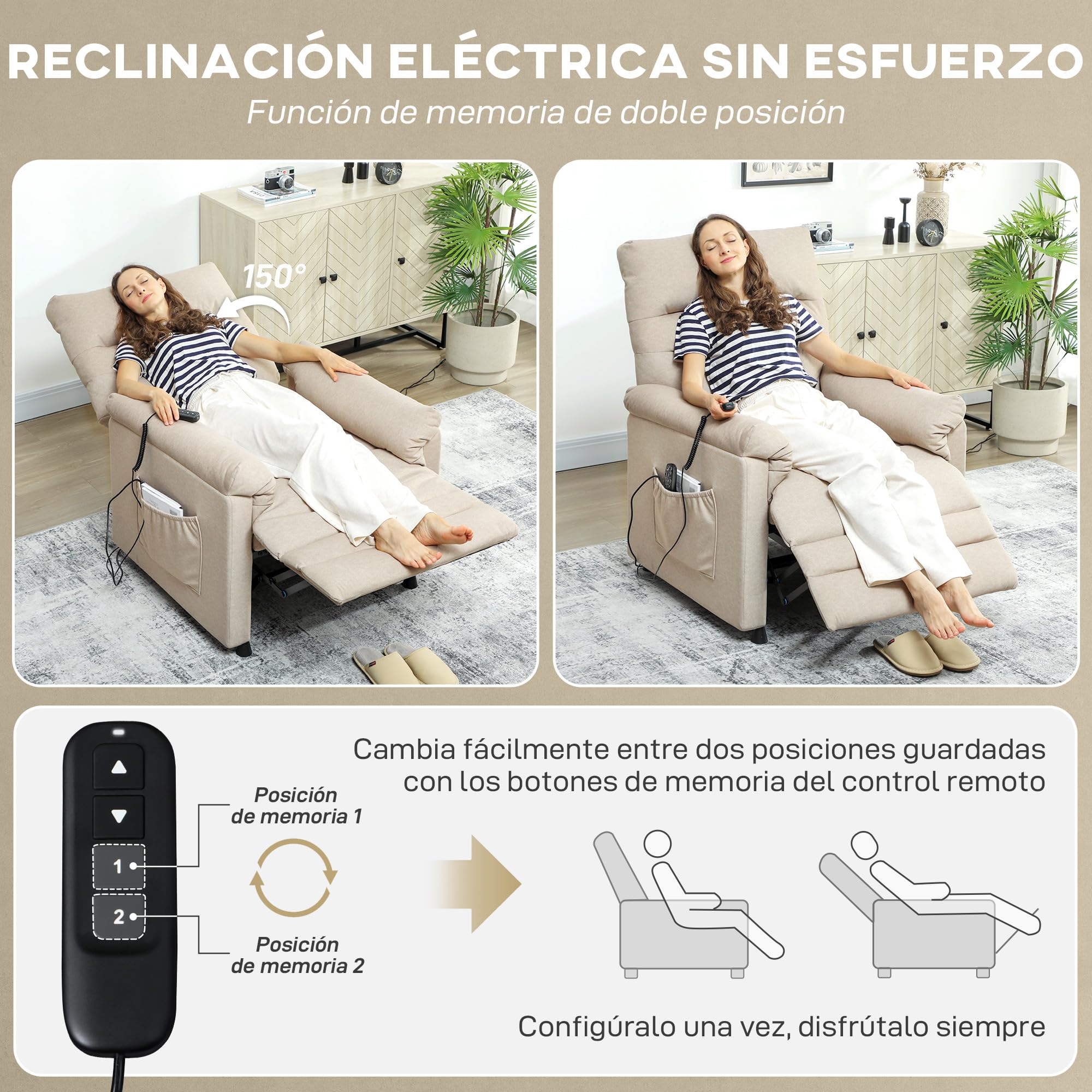 HOMCOM Sillón Relax Reclinable Eléctrico, con Calor Lumbar y Masaje Vibración, Sillón Masaje Relax, Motor Silencioso, Función de Memoria, Bolsillos, Control Remoto con USB, Tejido Pet-Friendly, Beige