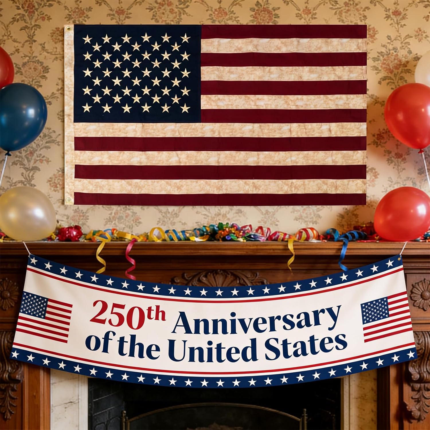 FRF American Flag 3x5 Ft 250th Anniversary - 100% Cotton Vintage Tea-Stained USA Flag, Heavy Duty US Flags with Embroidered Stars and Brass Grommets for Outside Decor