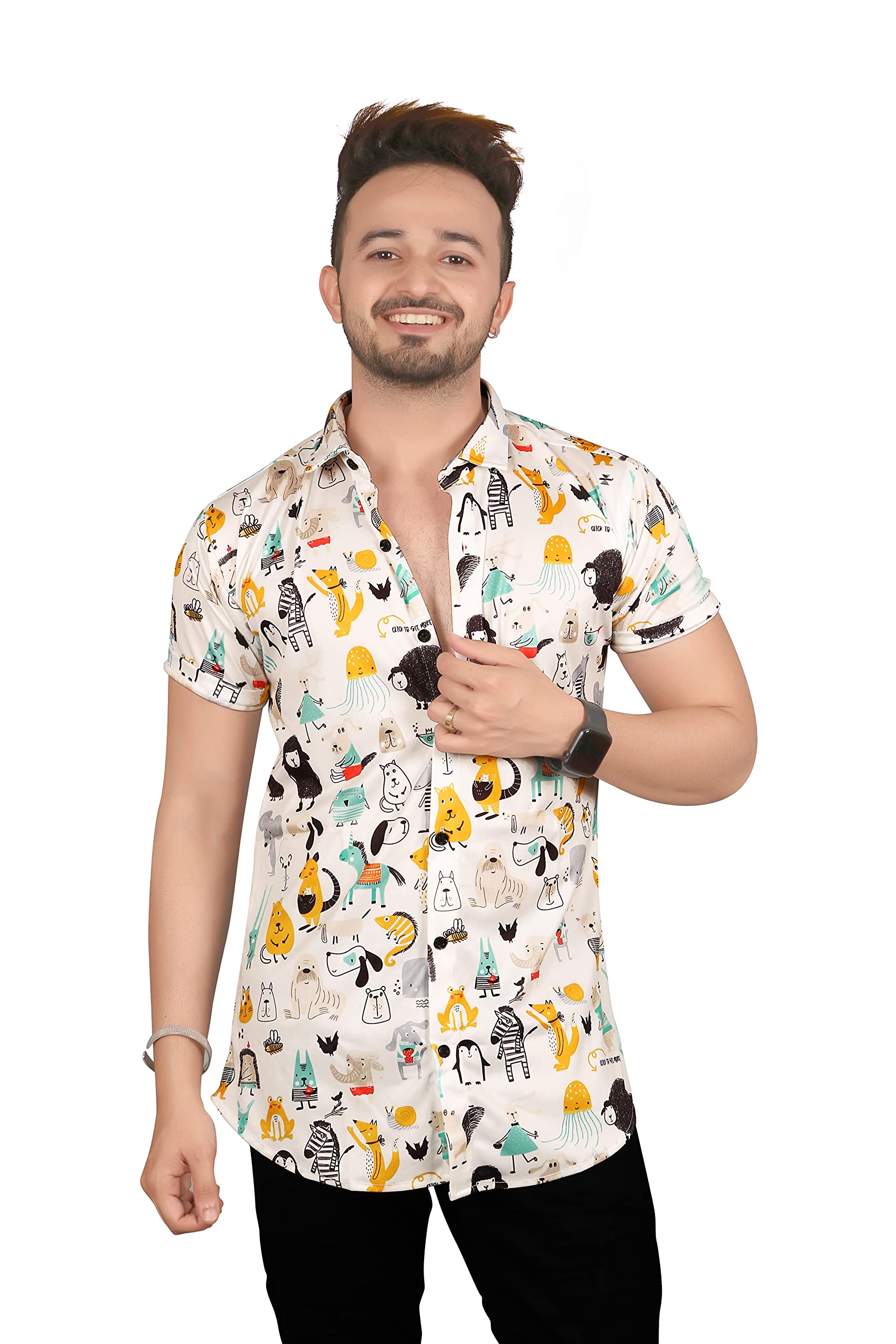 PARALLEL TIMES Men's Color Full Printed Half Sleeve Lycra Shirt for Men