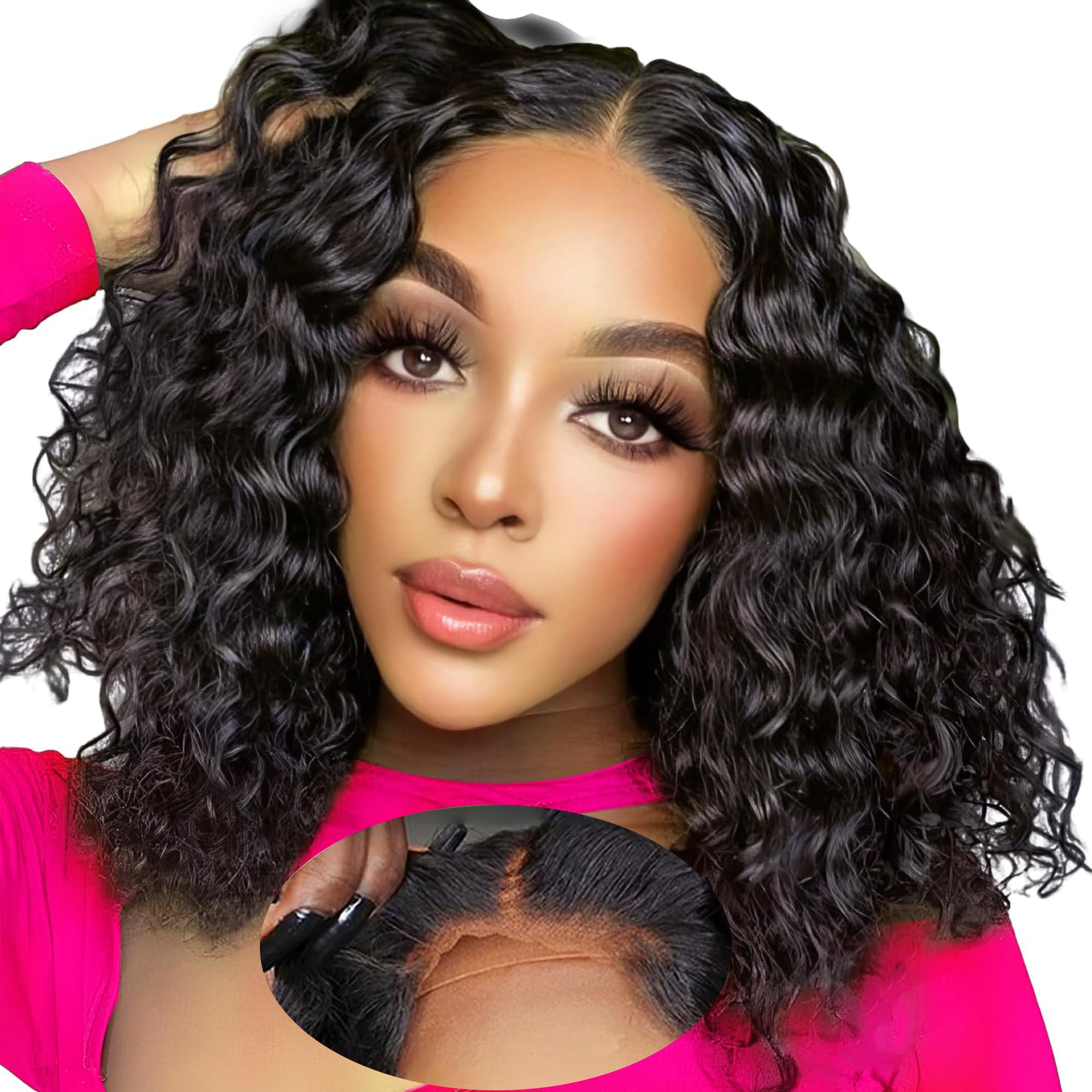 Roserer 14 Inch Wear and Go Glueless Wig Human Hair 100% Brazilian Virgin Deep Wave Bob Wig Human Hair Pre Plucked 180% Density 4x4 HD Lace Curly Glueless Wigs for Black Women