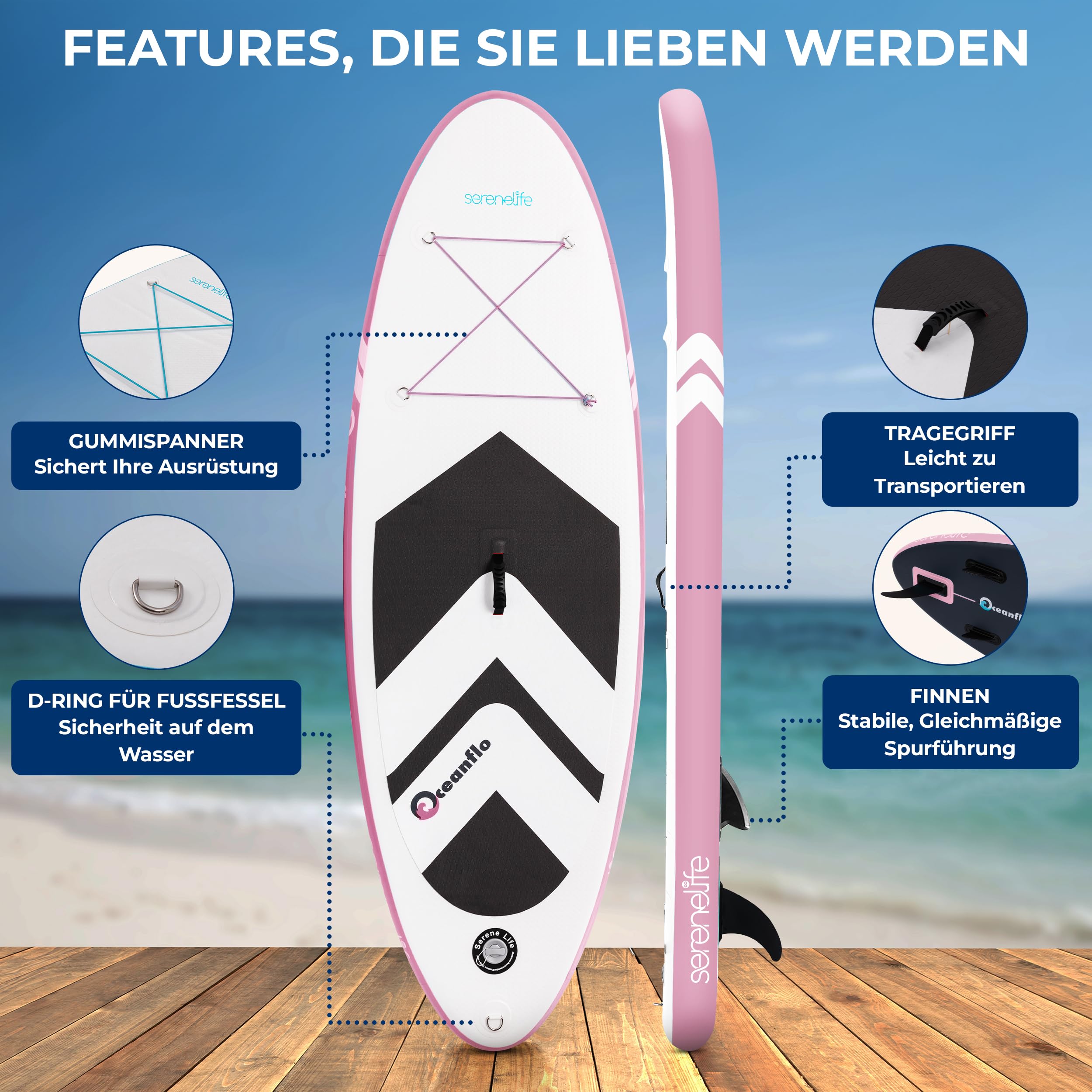 SereneLife Kinder SUP Board Aufblasbar Set – Stand Up Paddling Board mit Zubehör, rutschfestem Eva-Deck für See, Fluss, Freizeit und Touring