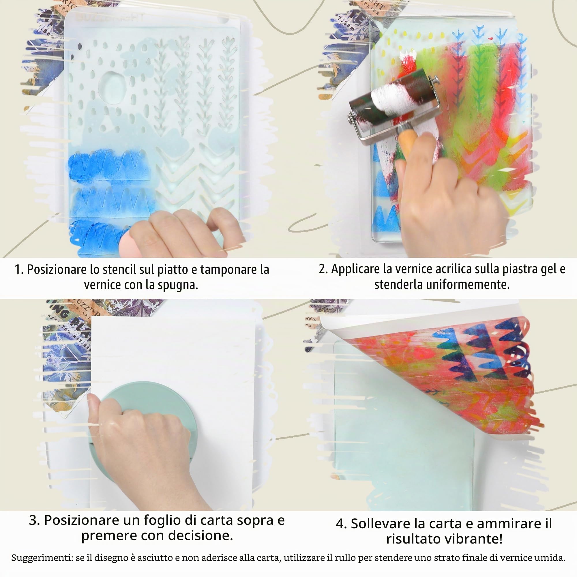 BuzzBright Kit di piastre per stampa in gel, set completo con piastra di gelatina da 12,7 x 17,8 cm, Brayer, carta da stampa e vernice acrilica