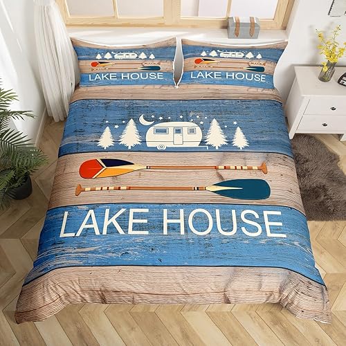 Lake House - Juego de funda de edredón de tamaño individual, juego de ropa de cama de campamento feliz para niños y niñas, funda de edredón vintage