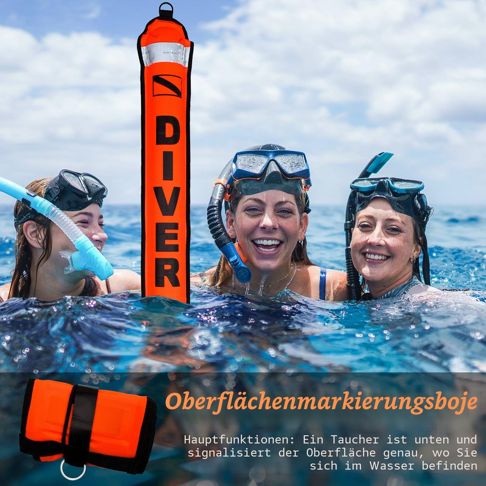 SMB Tauchflächenmarkierungsboje (SMB), Signalrohr-Sicherheitswurst mit 30 m Aluminiumspule und doppelendigem Hakenclip für Unterwasser-Tauchen, Schnorcheln (1,5 m, Orange SMB + schwarze Spule)