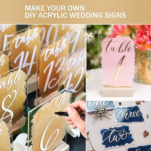 Miniatura 3 de Hojas acrílicas con soportes de madera, letrero acrílico transparente en blanco para manualidades, números de mesa de acrílico para bodas, placa