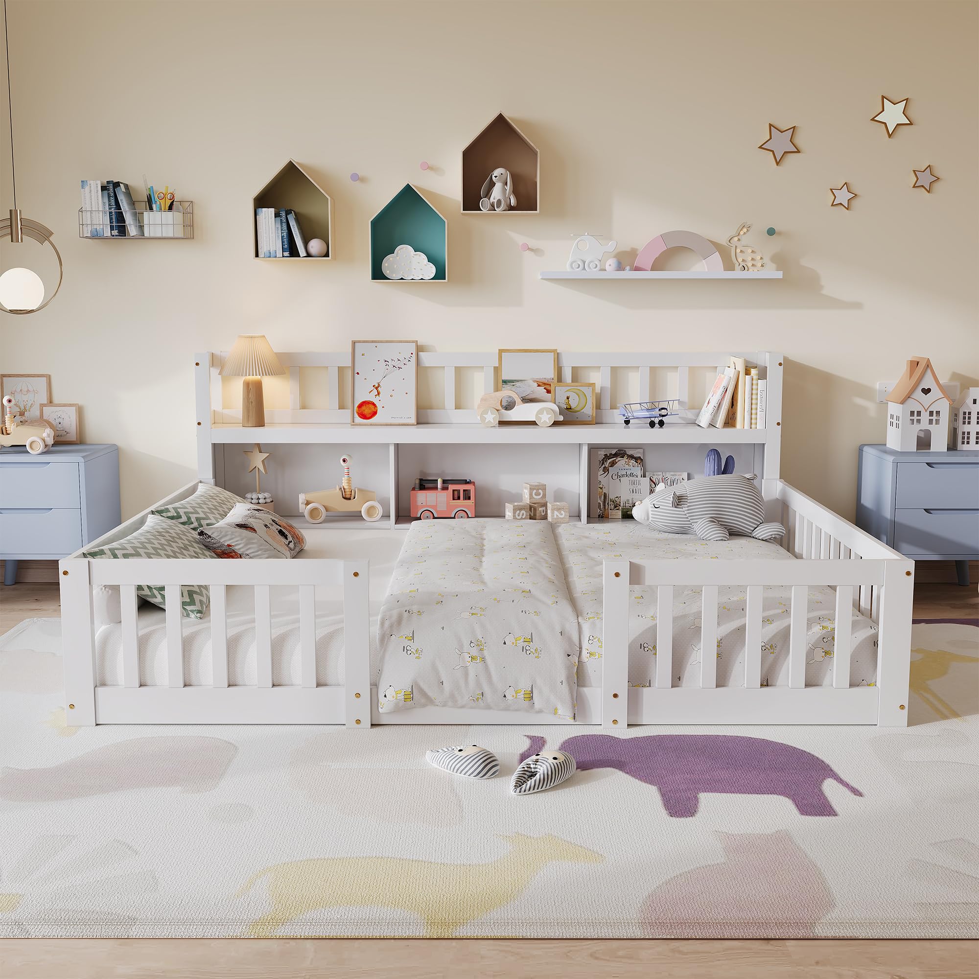 Montessori-Bett 140x200 cm mit Stauraum und Bücherregal, Bodenbett für Kinder 140x200 mit Sicherheitsbarriere und Lattenrost, Verstärktes Kinderbettgestell aus massiver Kiefer (Weiß-4, 140x200)