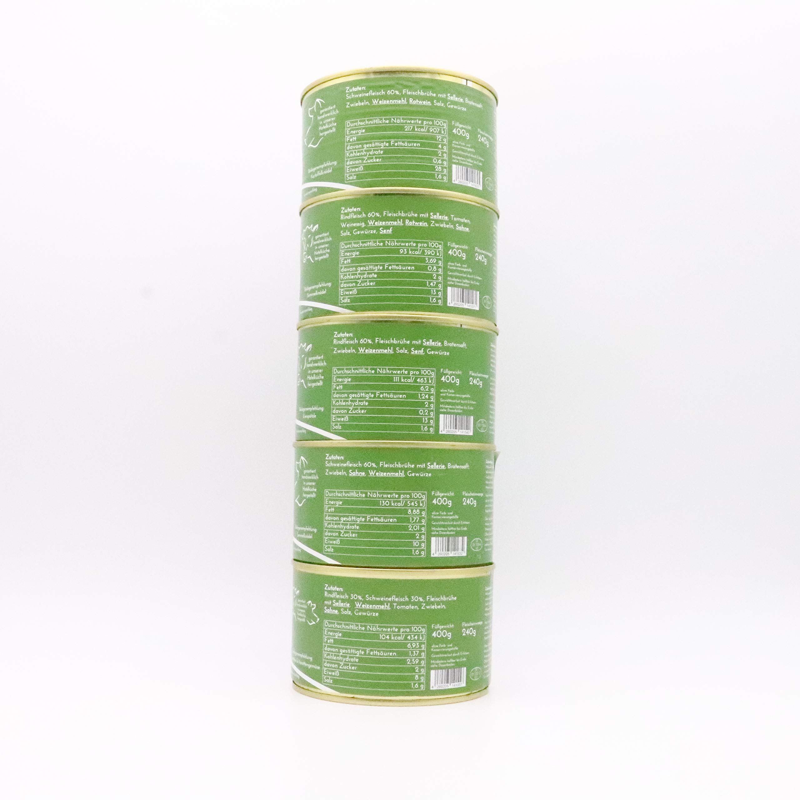 Konserven Probier Paket DIEM (smażenie wołowiny, gulasz, smażenie na kwannie, pieczenie wieprzowe, namioty z siatki na świnie) 5 x 400 g konserwa – pakiet pieczeń