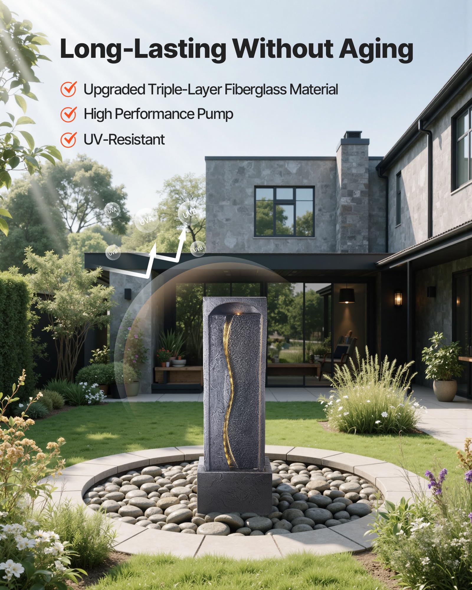 VEVOR Fontana da Esterno, Fontana e Cascata da 340 x 220 x 980 mm, Fontane a 1 Livello con Base in Pietra da Pavimento con Luce LED e Pompa, per Esterni, Interni, Giardino, Casa, Patio e Cortile
