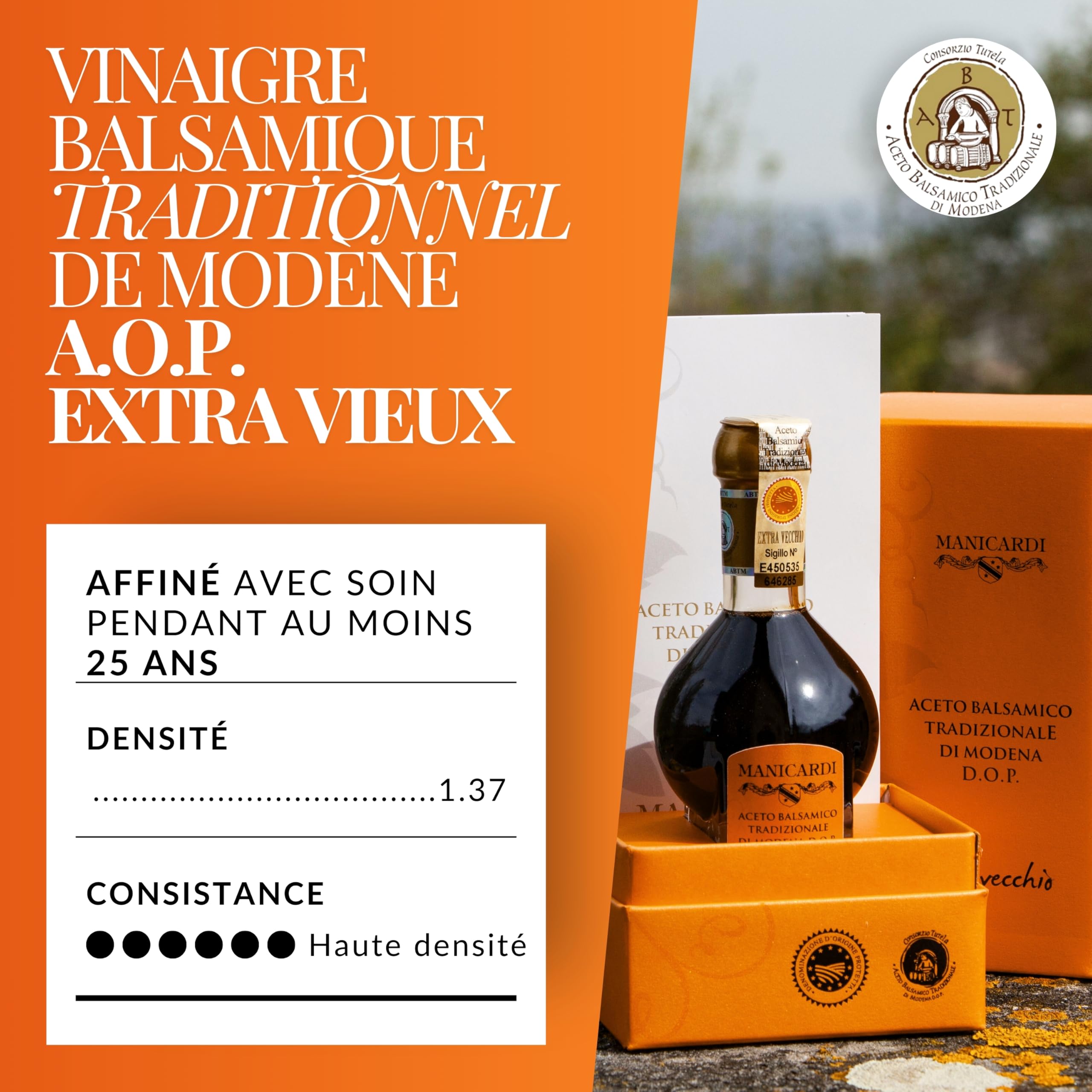 MANICARDI Vinaigre Balsamique Traditionnel de Modène AOP Extra Vieux – Vieilli 25 Ans, Parfait pour Snacks, Pâtes, Légumes, Vinaigrettes et Viandes – Produit en Italie, 100 ml