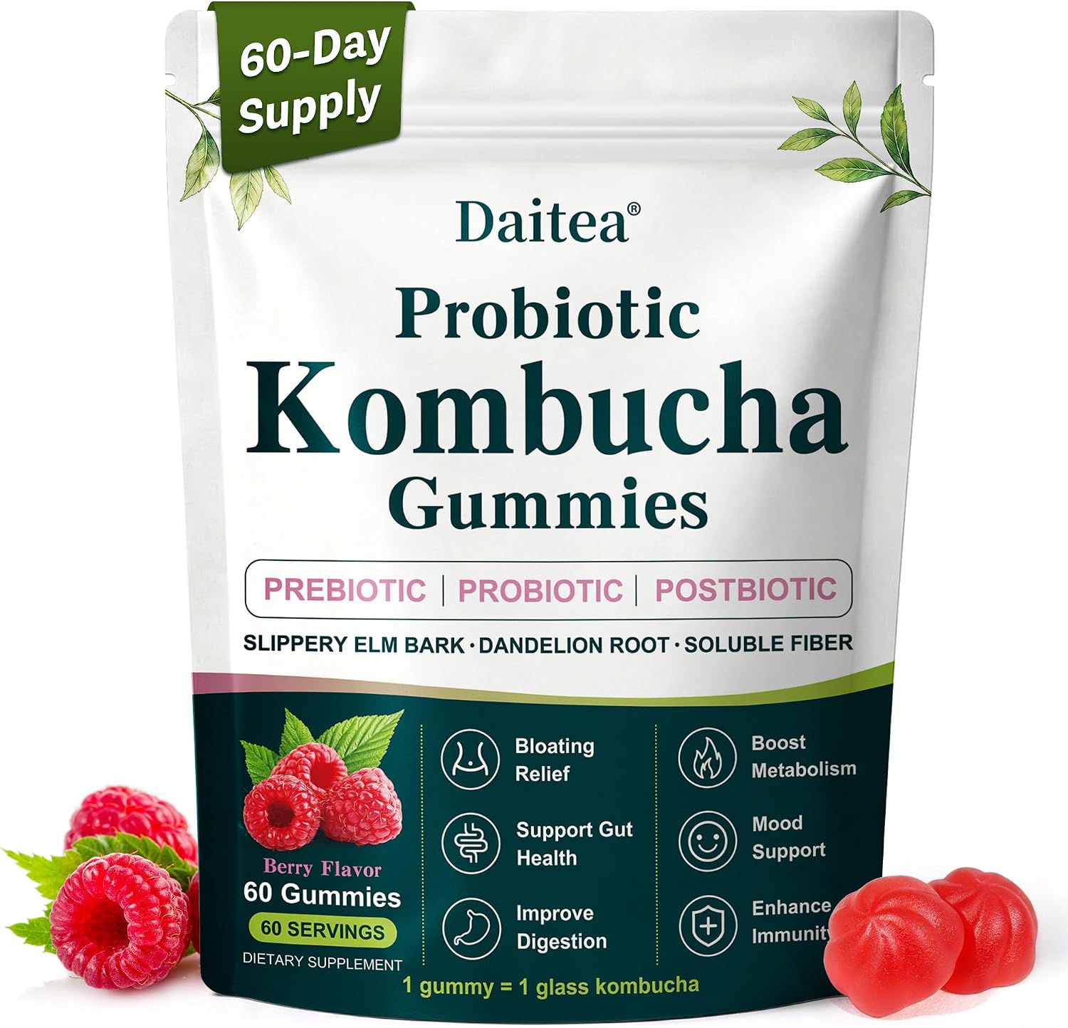 Probiotic Kombucha Gummies for Bloating, Digestive & Gut Health, 60 Gummies