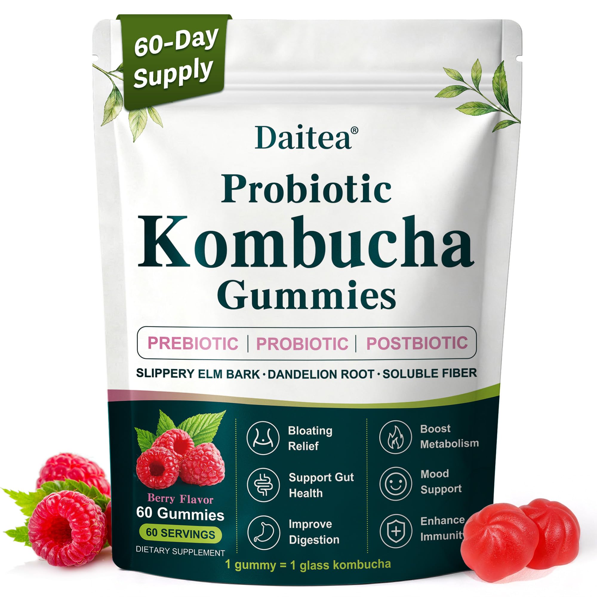 Probiotic Kombucha Gummies for Bloating, Digestive & Gut Health, 60 Gummies