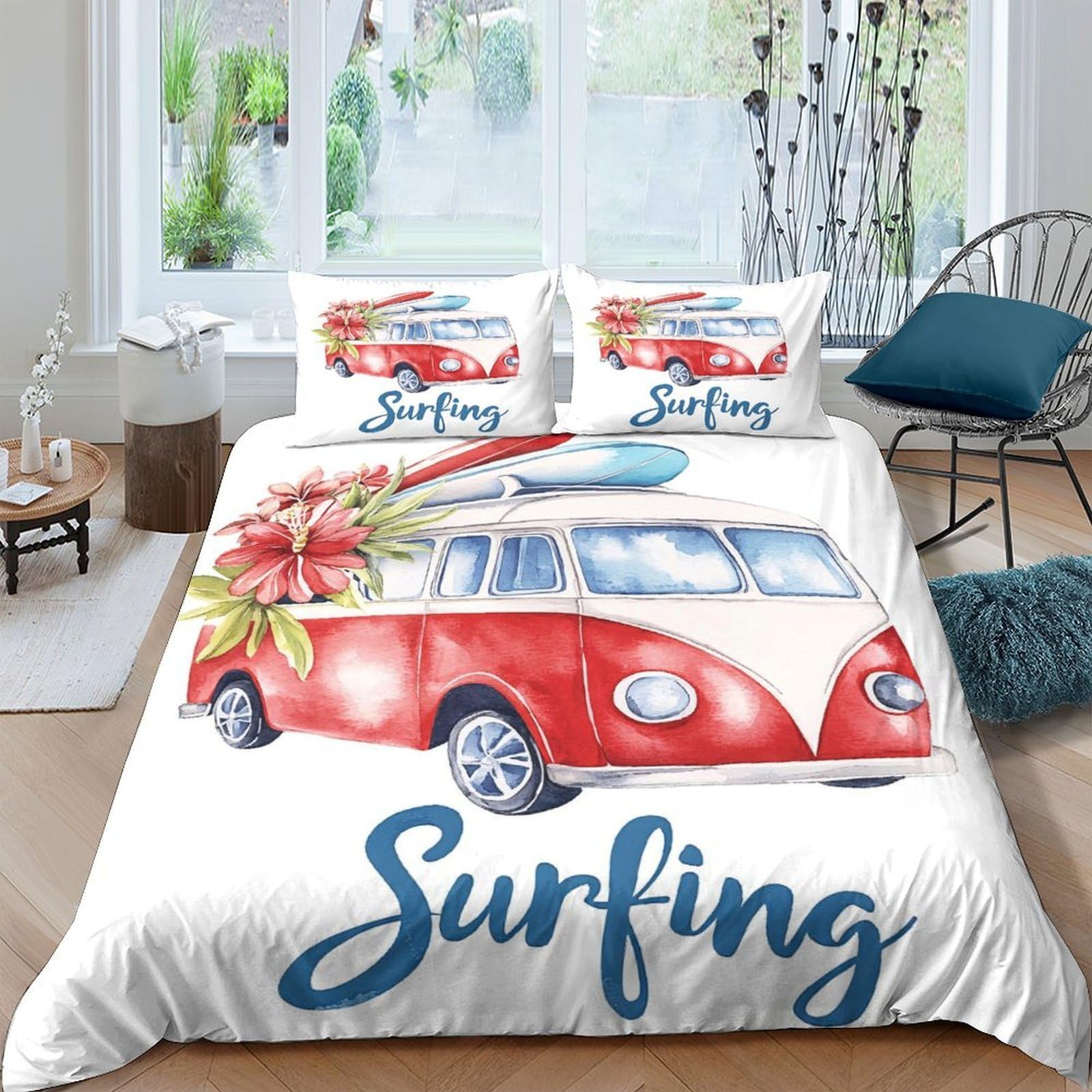 Ctjqhvkz Style-10 3D Printed Red Camper Van Fitted Sheet Microfiber Soft Surfing Beach Style Mattress Cover For Bedroom Dorm Decor Single（135X200cm）