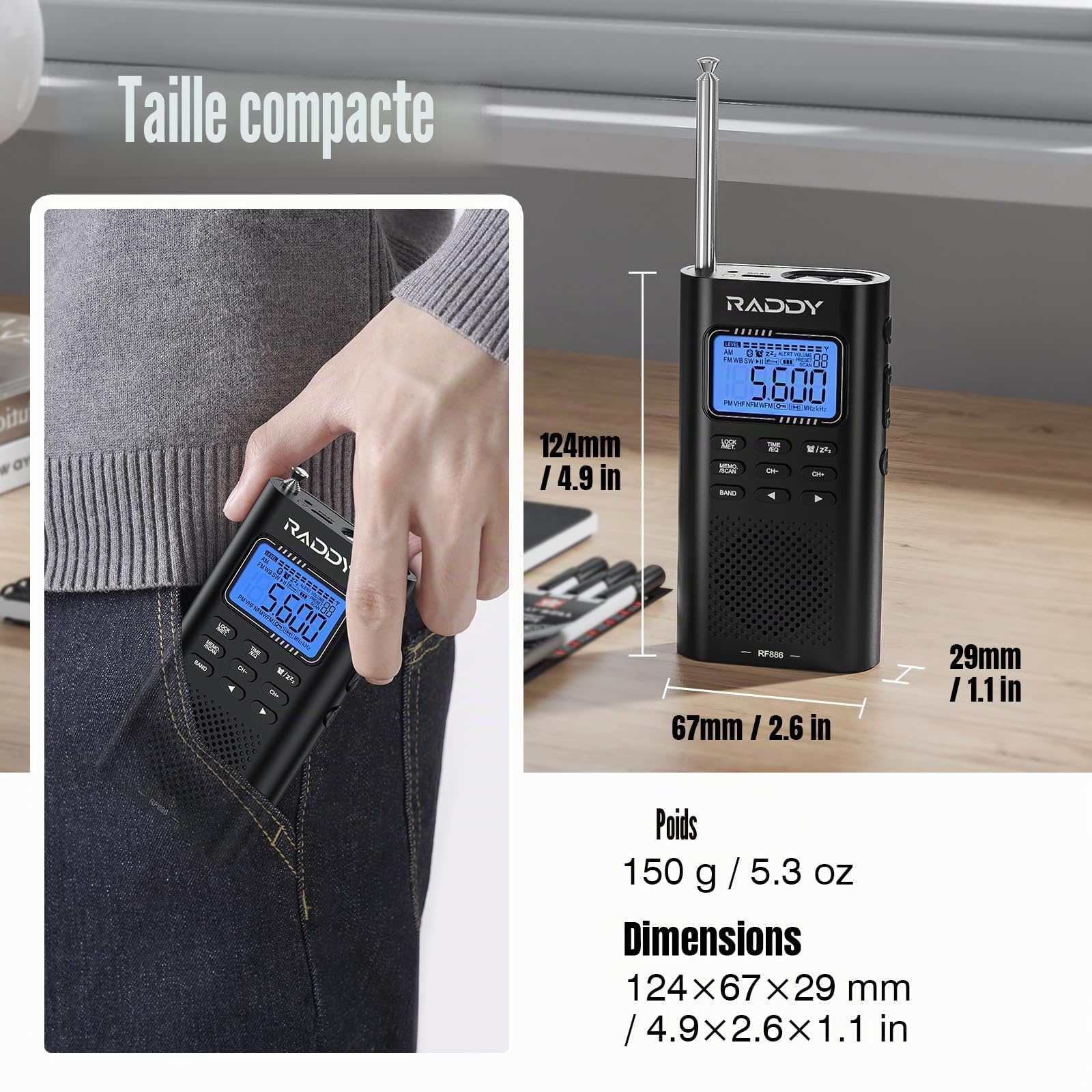 Raddy RF886 Radio Portable à Ondes Courtes Petite Radio AM/FM/SW/UKW Radio Numérique, Radio alimentée par Batterie et Haut-Parleur BT, Antenne Externe 3M