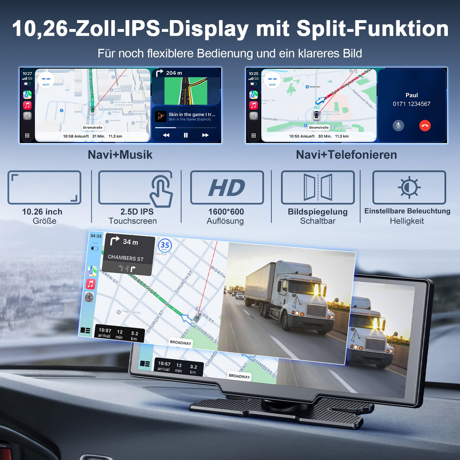 Carplay Display für Apple Car Play Android Auto 10,26 Zoll Tragbares Wireless CarPlay mit 1080P Rückfahrkamera, Bluetooth 5.2 Sprachsteuerung Mirror Link AUX FM, GPS Navigation, unterstützt TF Karte