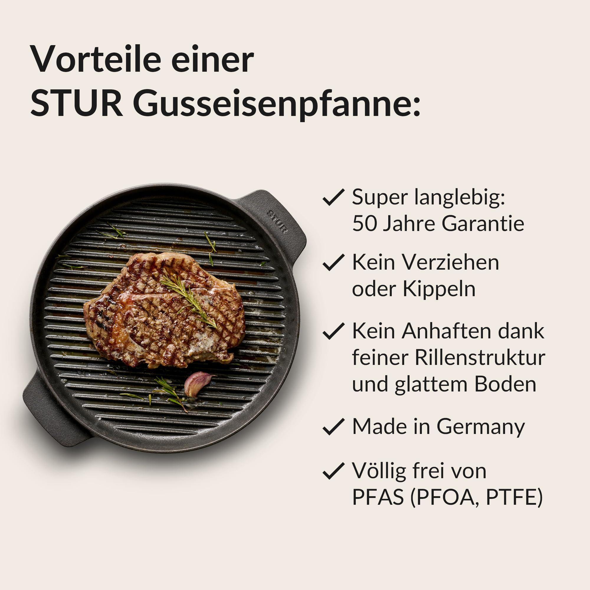 STUR - ORIGINAL Gusseisen Grillpfanne Induktion 28cm - Cast Iron Pan für alle Herdarten - Runde Grillpfanne Gusseisen ohne künstliche ANTIHAFT-BESCHICHTUNG & kratzfest - Made in Germany