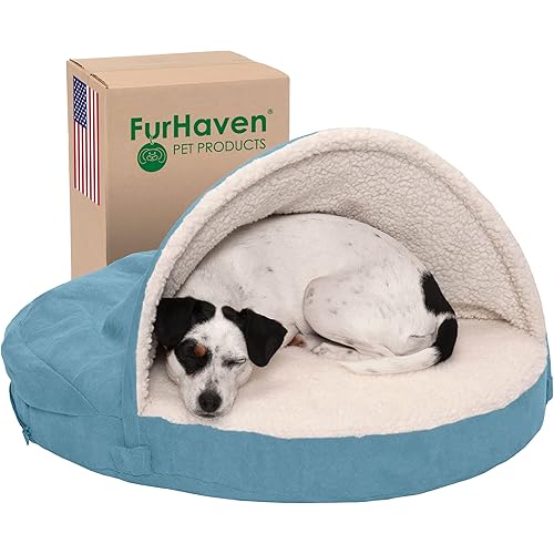 Furhaven Cozy Pet Beds for Small, Medium, and Large Dogs and Cats - Snuggery Hooded Burrowing Cave Tent, Deep Dish Cushion Donut Dog Bed with Attached Blanket, and More