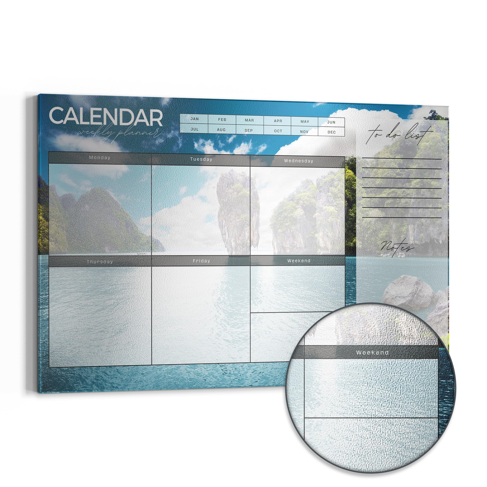 DEQORI Lavagna magnetica in metallo, 90 x 60 cm, motivo "Agenda settimanale asiatica (EN)", lavagna bianca per tutti i magneti, lavagna magnetica da parete per cucina e ufficio, bacheca magnetica