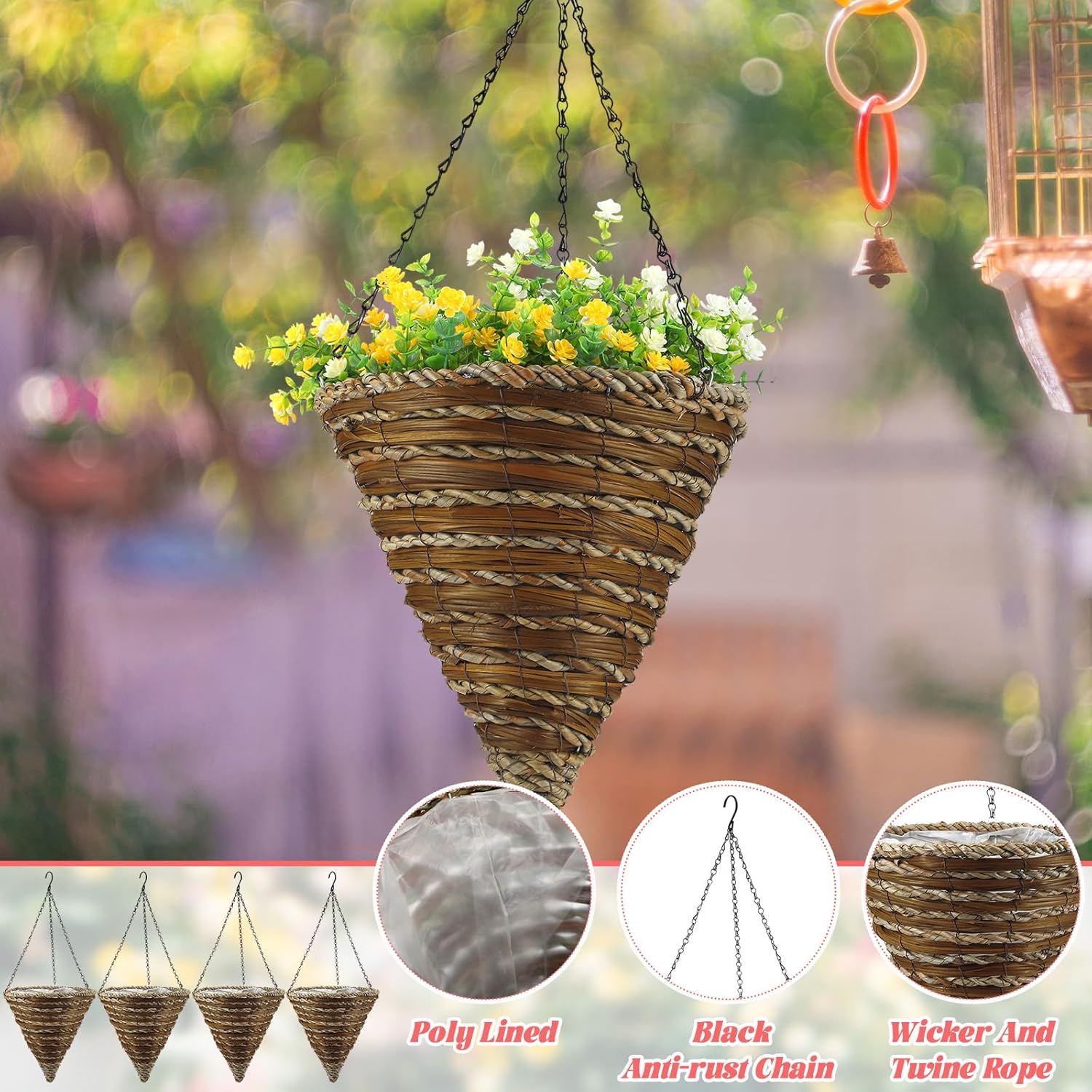 6 Pcs 12" Wicker and Rope Cone Hanging Basket Planters with Plastic Liner Decorative Hanging Flower Pot Cone Shaped Wicker Planters for Garden Plants Flowers
