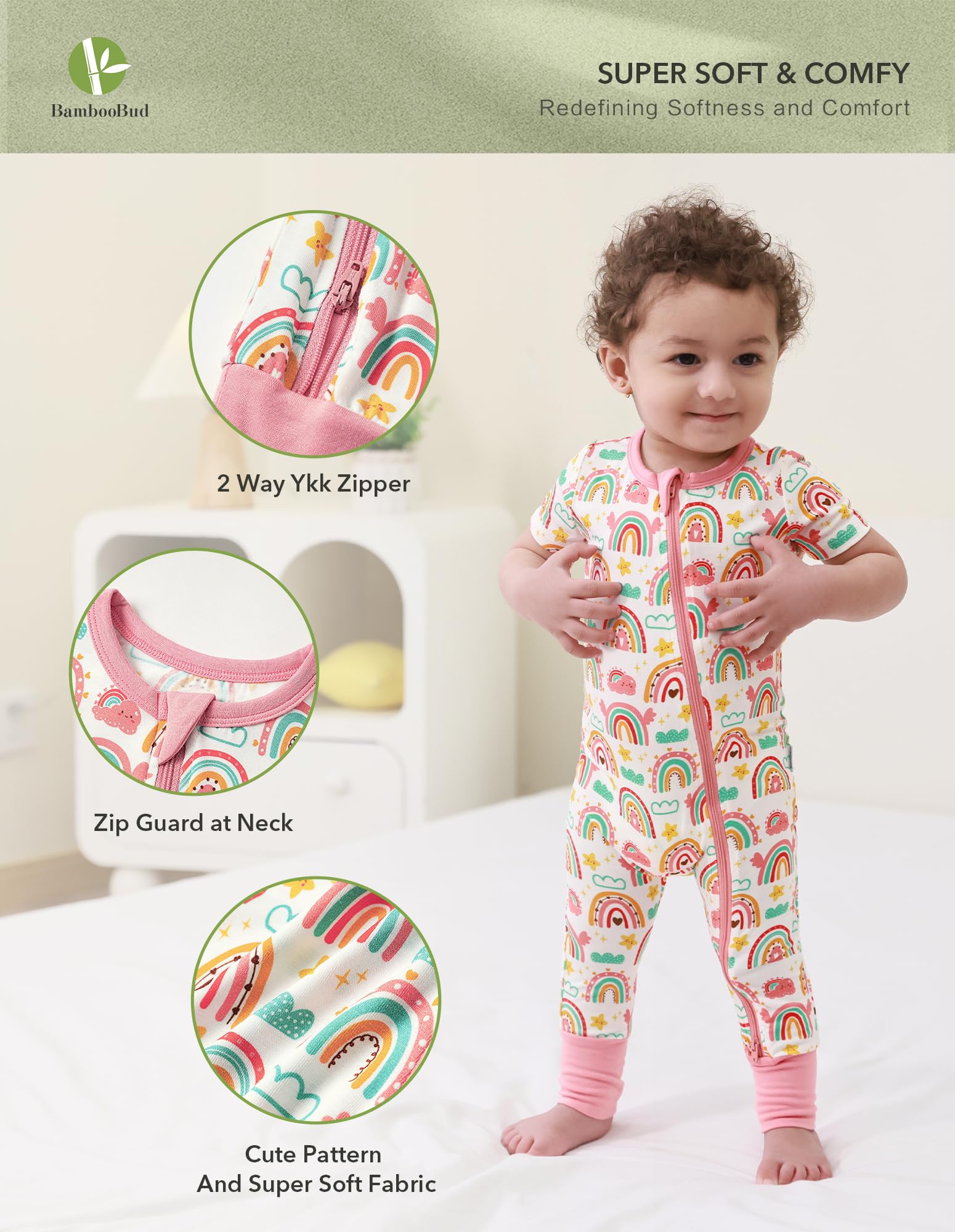 BambooBud Baby Footie Pajamas Toddlers Girl Onepiece Sleeper Jumpsuits Infant Snug Fit Sleepwear Romper Pjs, Clouds Rainbow Stars, 3-6Months
