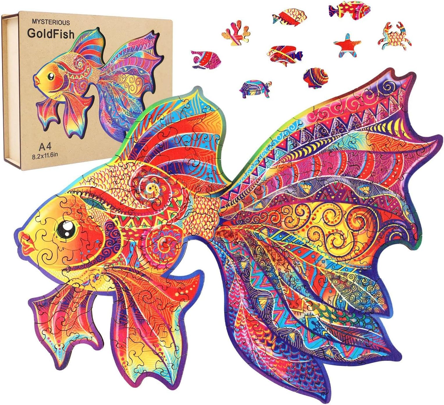 Arabest Wooden Jigsaw Puzzles, Wooden Puzzles for Adults 150 Pieces, Unique Shaped Jigsaw Puzzles, Wood Puzzles Adult Best Gift for Adults and Kids (Golden Fish)
