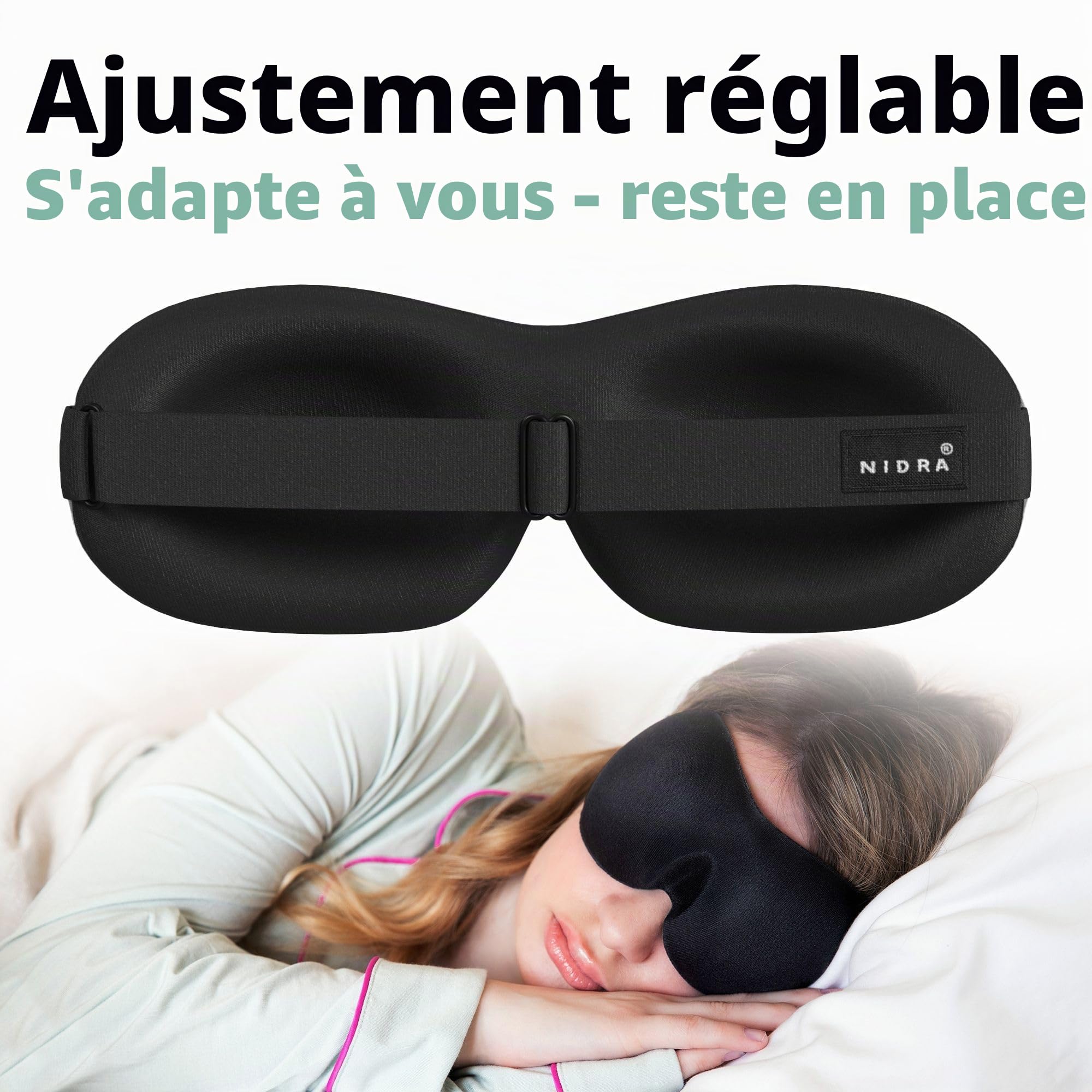 Nidra - Masque de sommeil breveté qualité supérieure avec forme profilée Ultra léger et confortable Sangle tête réglable pour s'adapter à toutes les s Dormez n'importe où, quand Idéal hommes femmes