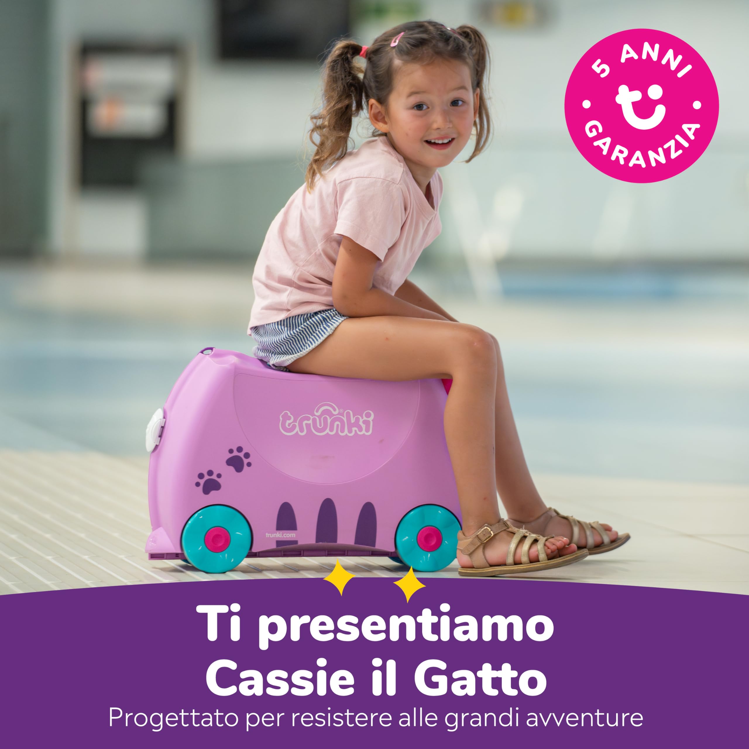 Trunki Valigia Cavalcabile per Bambini – Trolley Bambini Bagaglio a Mano – Valigia Cavalcabile Cassie Gatta (Lilla)