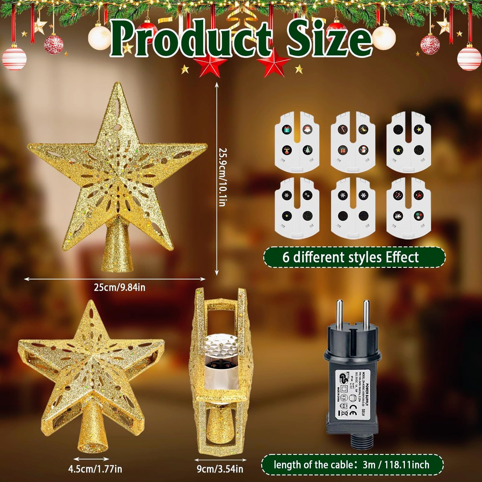 CAUTIOUS Étoile Sapin de Noel, Or Étoile pour Sapin de Noël 6 Modes de Projection avec Projecteur Dynamique LED Rotatif Intégré, pour Decoration Arbre Topper Interieur