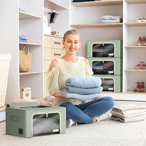 Miniatura 8 de Sorbus Contenedores de almacenamiento con marco de metal, bolsas organizadoras de ropa apilables y plegables, contenedores de almacenamiento de tela