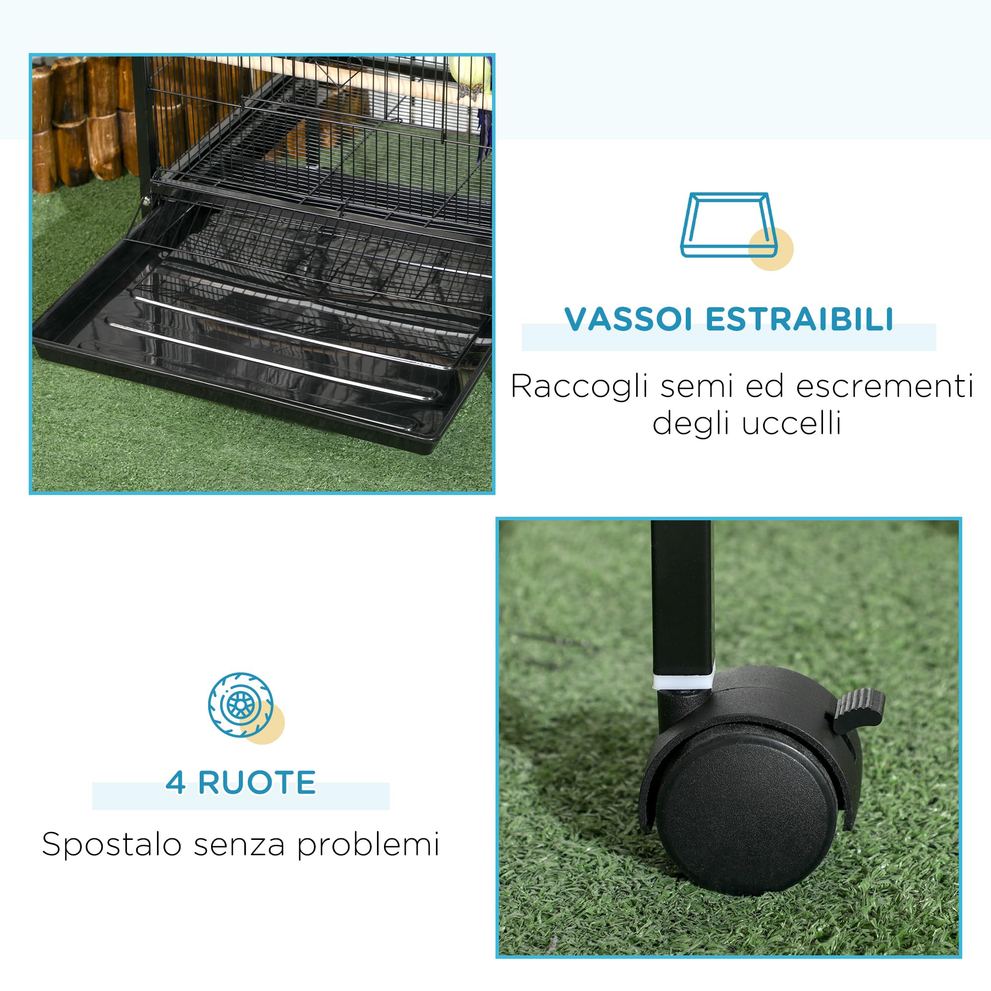 PawHut Gabbia per Uccelli 2 in 1 Voliera per Interni con 4 Ruote Girevoli, Vassoi Estraibili e Contenitori in Plastica, 51.5x50x140 cm, Nero