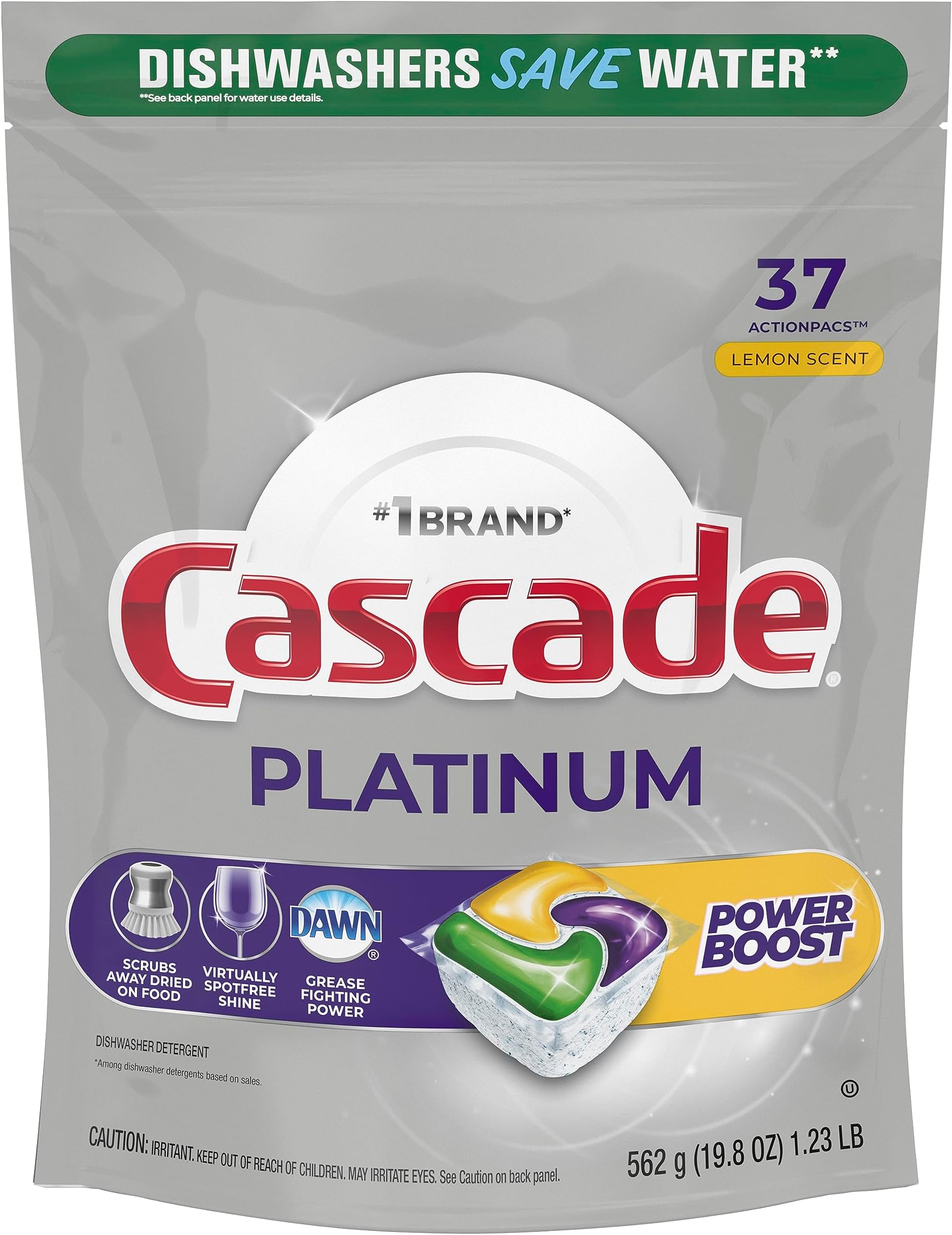 Platinum Power Boost Dishwasher Pods, Dishwasher Detergent, Dishwasher Soap, Dish Tabs, Dishwashing Tablets, Dish Detergent, Lemon, Actionpacs, 37 Count