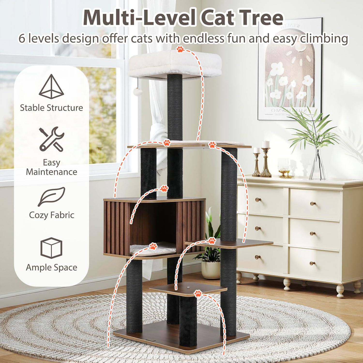 PETSITE 59.5 Inches Modern Cat Tree, Multi-Level Cat Tower with Scratching Posts, Large Condo with Removable Pad, Cushioned Soft Top Perch, and Interactive Dangling Ball (Brown)