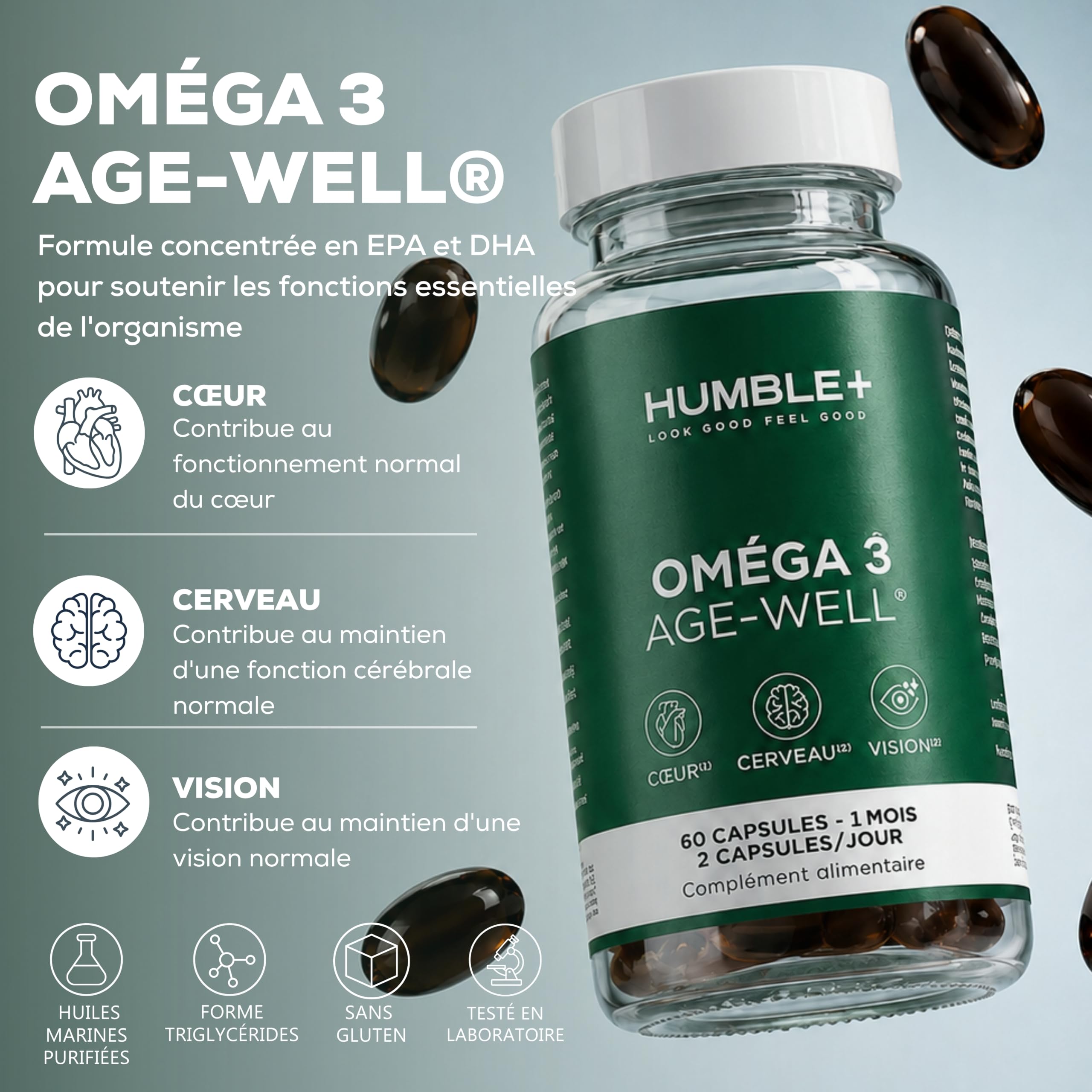 HUMBLE+ Oméga-3 Age-Well® - EPA & DHA Concentrés - Huiles Marines Purifiées de Poisson et de Krill - Cœur, Fonction Cérébrale et Vision - 60 Capsules - Marque Française