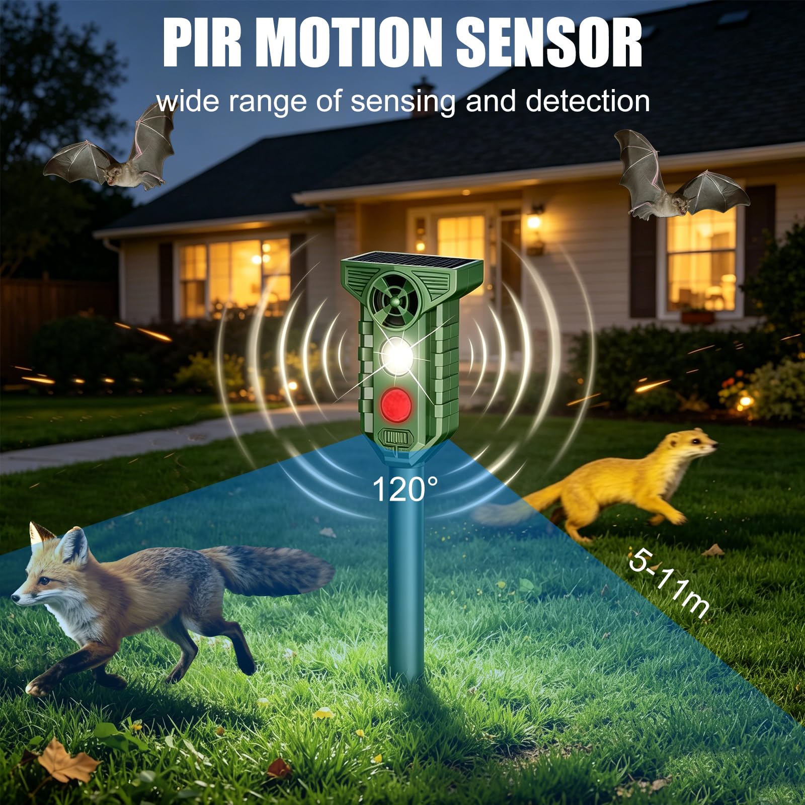 Repellente per Gatti, Ultrasuoni Solare Repeller con blitzlicht | IP65 Impermeabile, Bewegungssensorund Dissuasori per Piccioni, Gatti, Uccelli, Cani, Topi, Volpi, Spaventapore da giardino