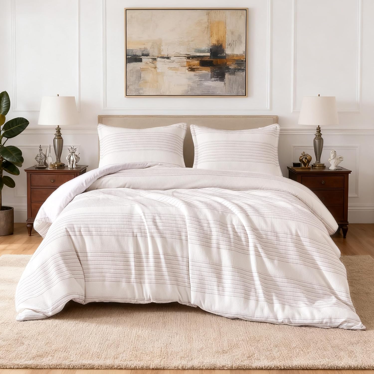 Amazon Basics Waffle Weave Microfiber 3-Piece Duvet Cover Set, Includes 1 Duvet Cover and 2 Pillow Shams, Queen, Pink Striped - Image 2