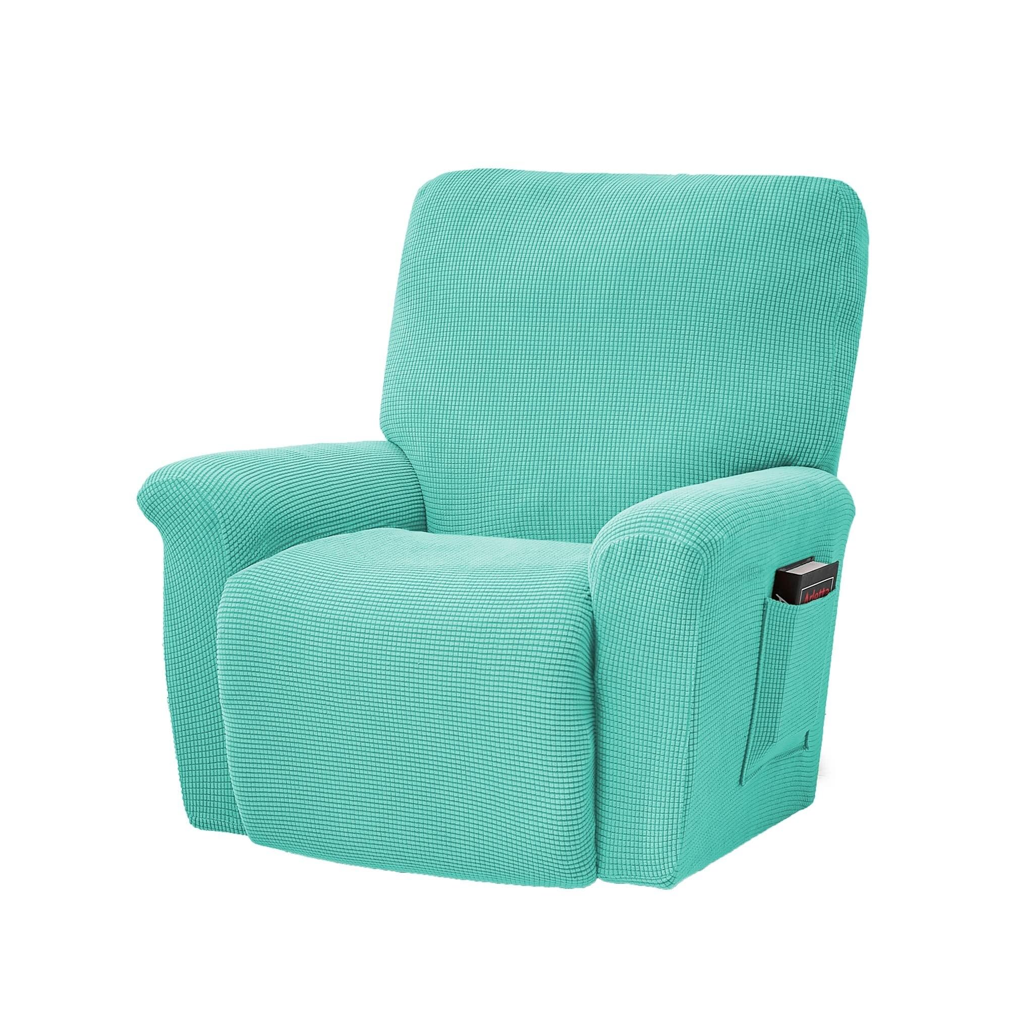 BEIWOSHA Stretch Recliner Chair Covers, 4-Piece Soft Sofa Cover Thick Single Seat Couch Cover Jacquard Recliner Slipcover with Pocket(Aqua)