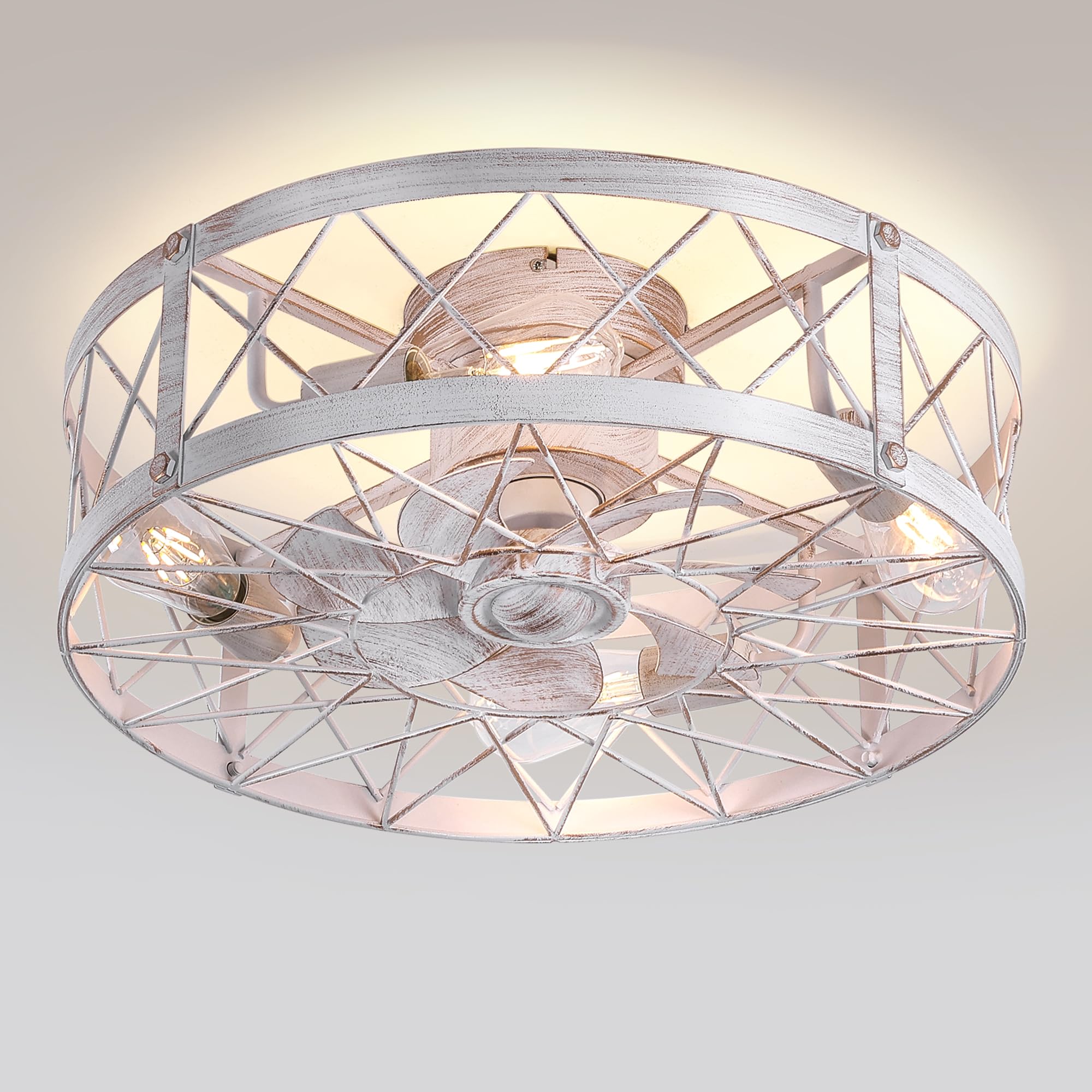 Flush Mount White Caged Ceiling Fan with Light, 20" Small Bladeless Ceiling Fan and Remote, Rustic Low Profile Ceiling Fans 4-Speed Reversible Enclosed Ceiling Fans for Bedroom Kitchen Farmhouse