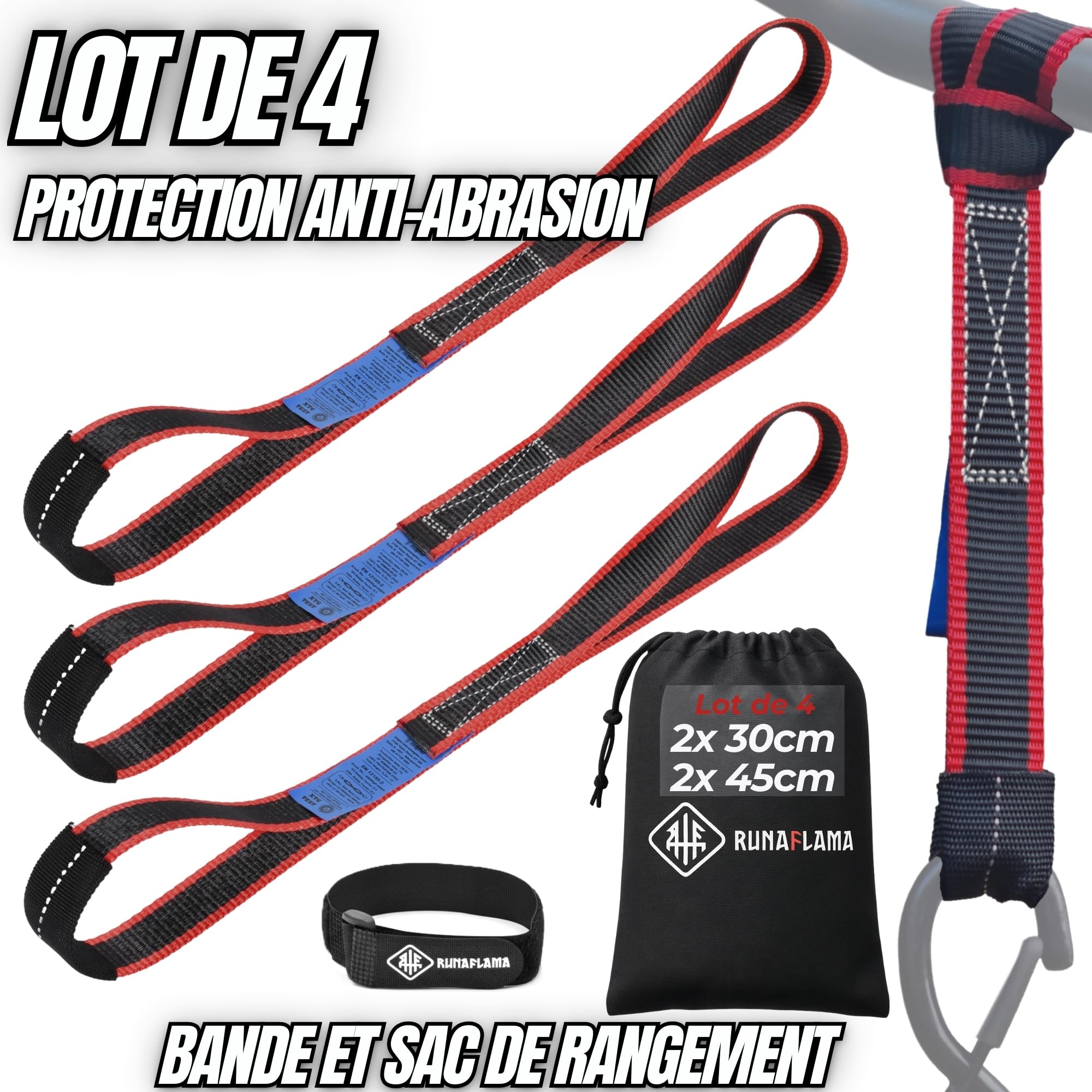 Sangles d'Arrimage Moto Remorque - Petite Sangle Moto pour Guidon, Cadre, Anneau Arrimage - Résistance 2400 kgf - Lot de 4 (2 x 30 cm + 2 x 45 cm) Noir avec Sac + Bande Auto-Agrippante - 3