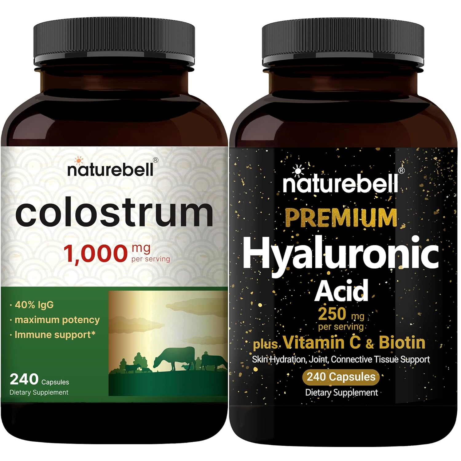 Cápsulas de Ácido Hialurônico NatureBell com Biotina + Vitamina C & Colostro 1.000mg por Dose, Pacote com 240 Cápsulas | Complexo de Beleza Completo