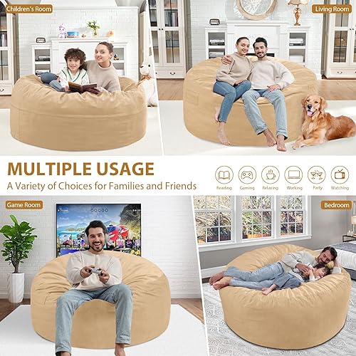Miniatura 445 de Puf de 5 pies, puf grande con relleno de espuma viscoelástica, sofá puff esponjoso con funda de terciopelo holandés, puf redondo para sala de estar,