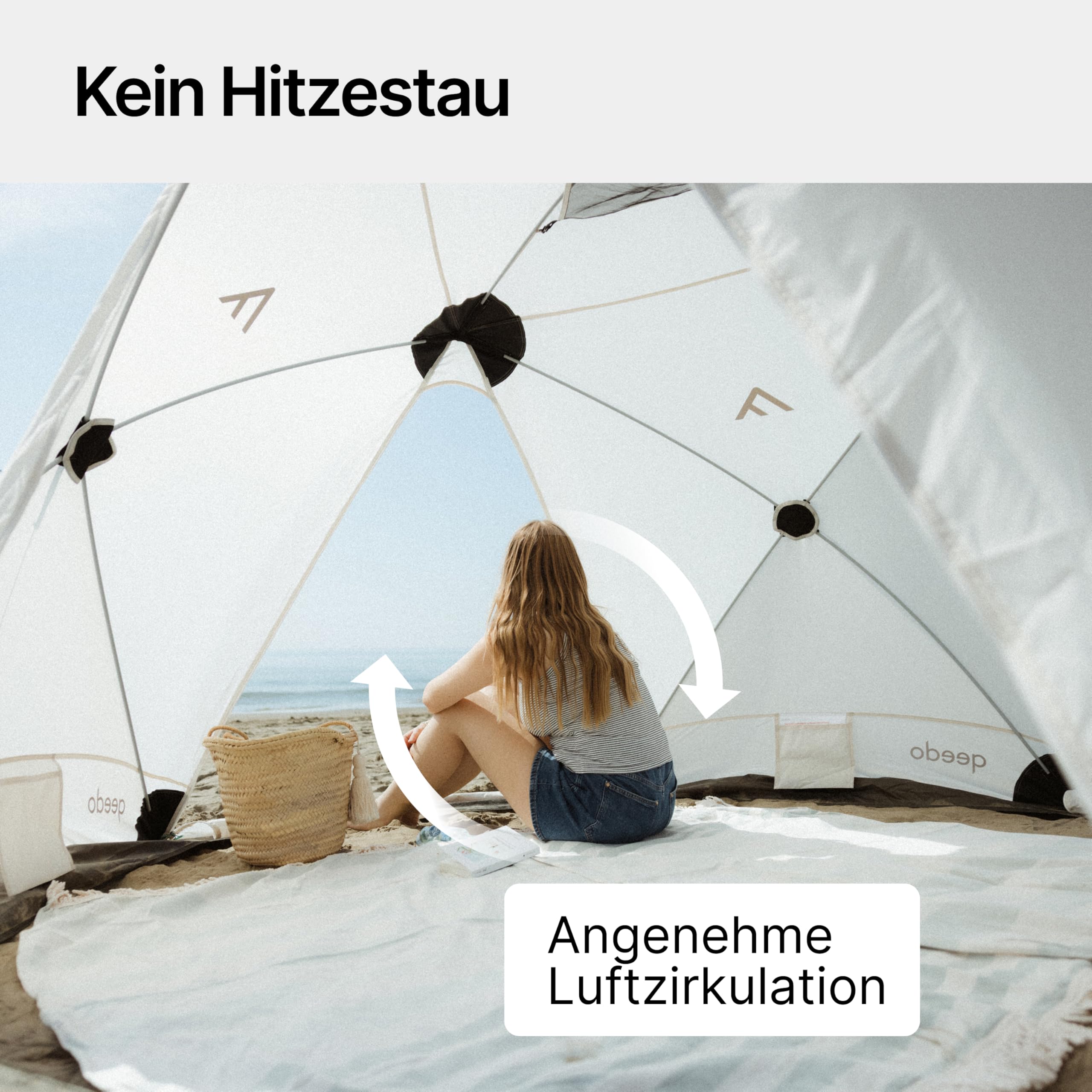 qeedo Quick Island Strandmuschel - große Quick-Up Strandmuschel mit 3 Eingängen, Sichtschutz & Windschutz, inkl. Boden, Sandanker, Heringe und Tragetasche