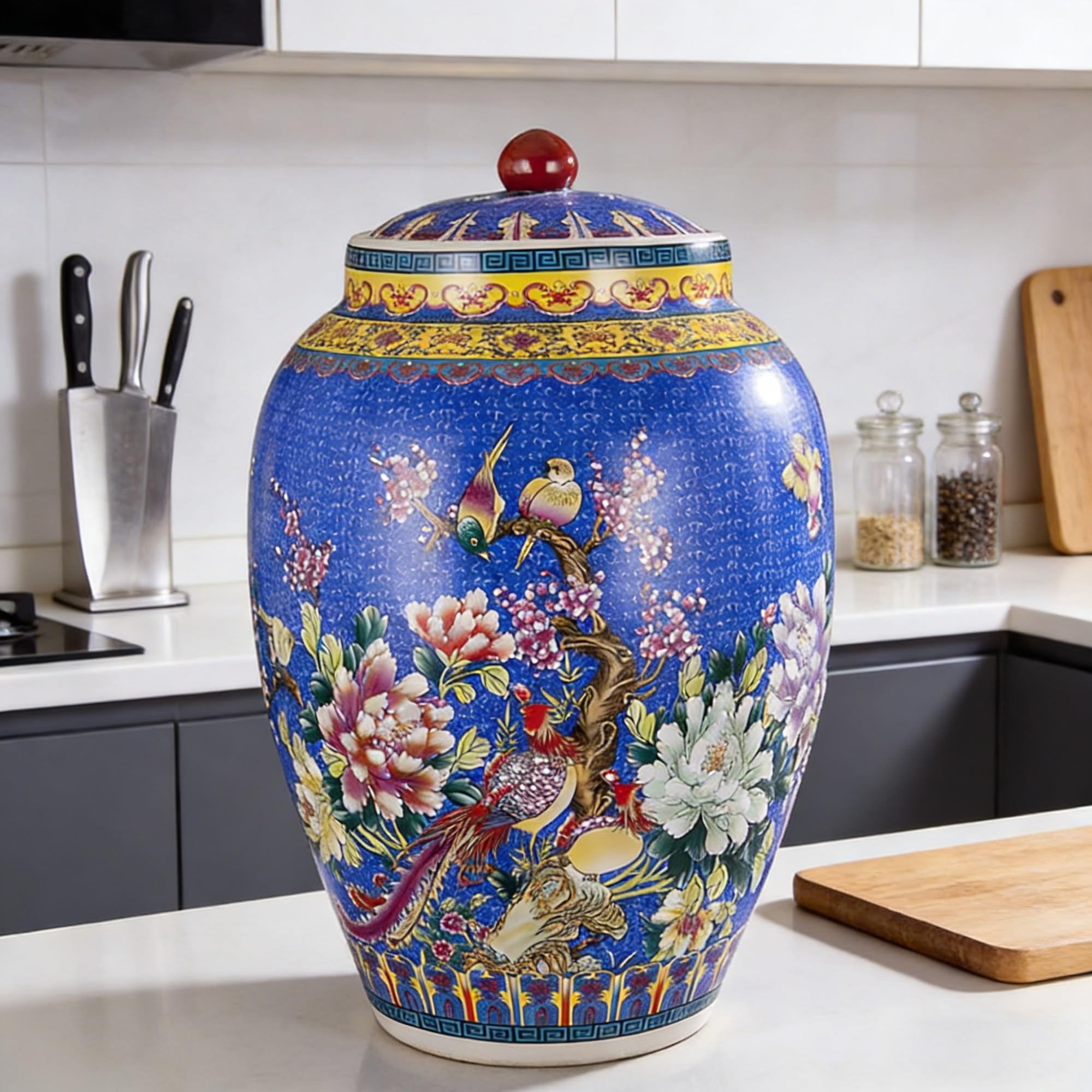 MMleYN Chinese Style Hand-Painted Ceramic Rice Container With Lid Large Airtight Grain Storage Jar Multi-Purpose Food Dispenser For Candy Cereal Snacks Coffee Beans Sugar Flour(A,15kg)