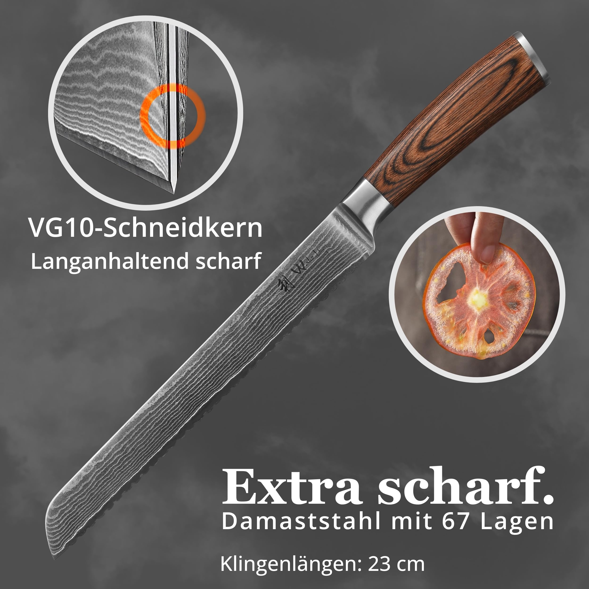 Wakoli EDIB Brotmesser, 23 cm Klinge aus Damaststahl mit VG10 Kern | Einseitiger Wellenschliff für große Brotlaibe, Baguette und Krusten; 67 Lagen, 60 ± 2 HRC, Pakkaholzgriff, Geschenkbox