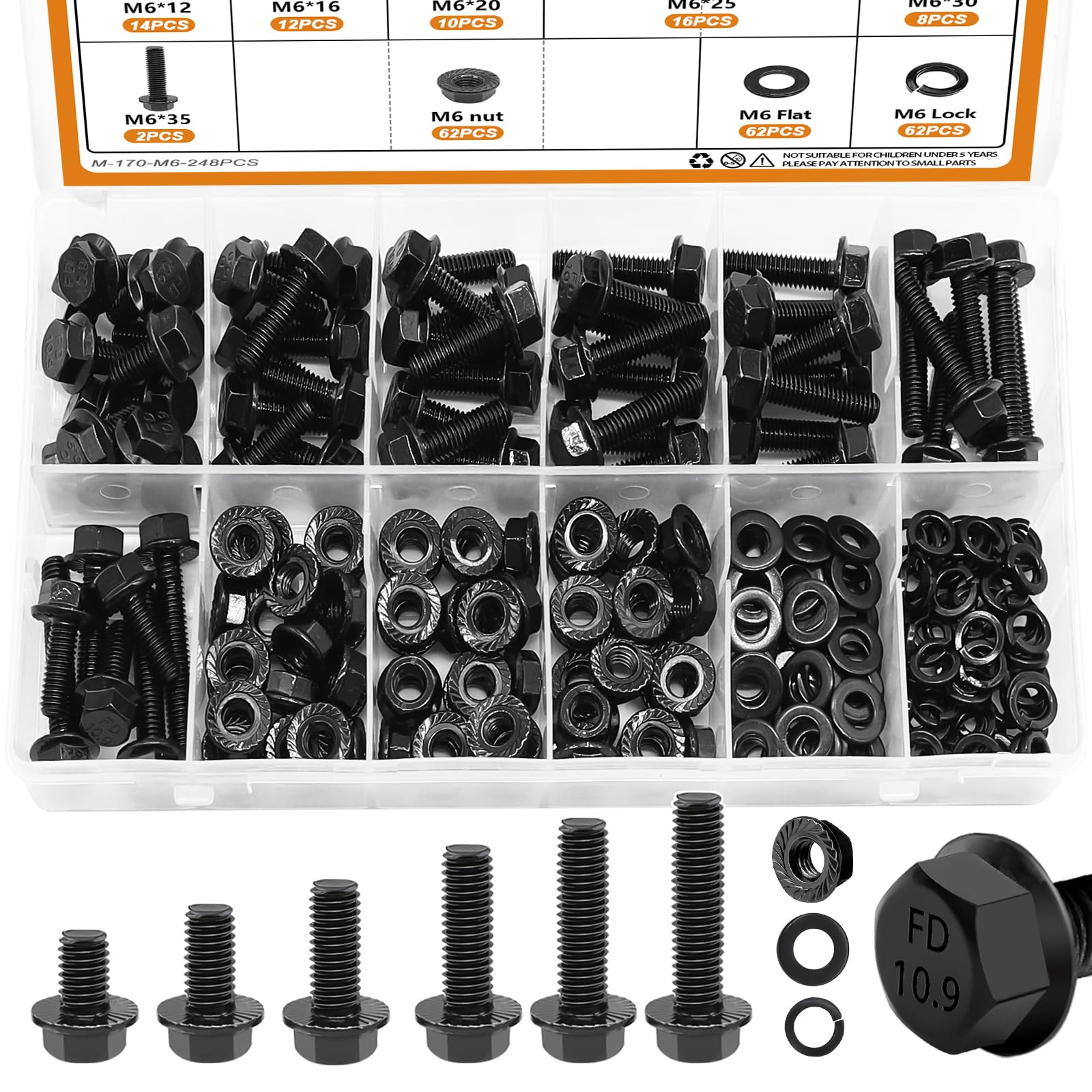248-Piece Flange Bolt & Nut Kit – Metric M5 M6 M8, Grade 8.8 Carbon Steel, Yellow Zinc Plated, 14 Sizes For Mechanical & Furniture Use