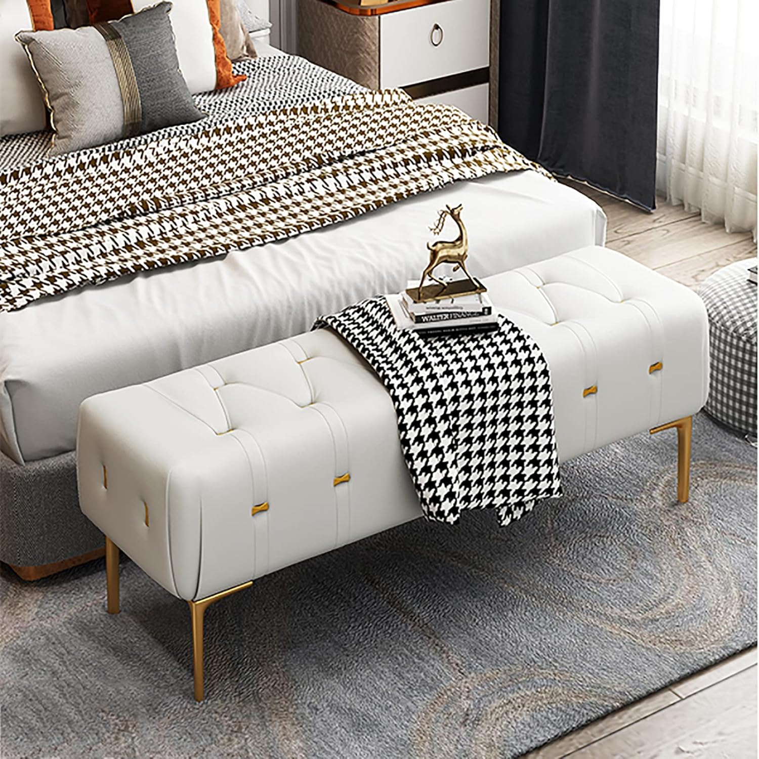 Luxury Bedside Bench, Leather Upholstered Bedroom Bench